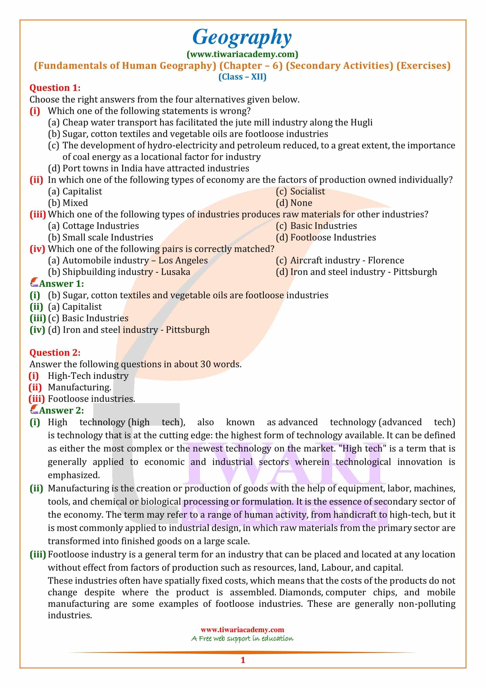 Class 12 Geography Chapter 6 Secondary Activities