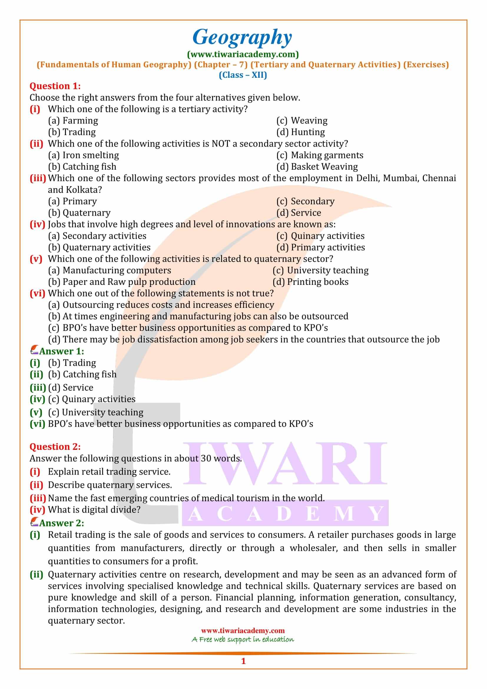 Class 12 Geography Chapter 7 Tertiary and Quaternary Activities