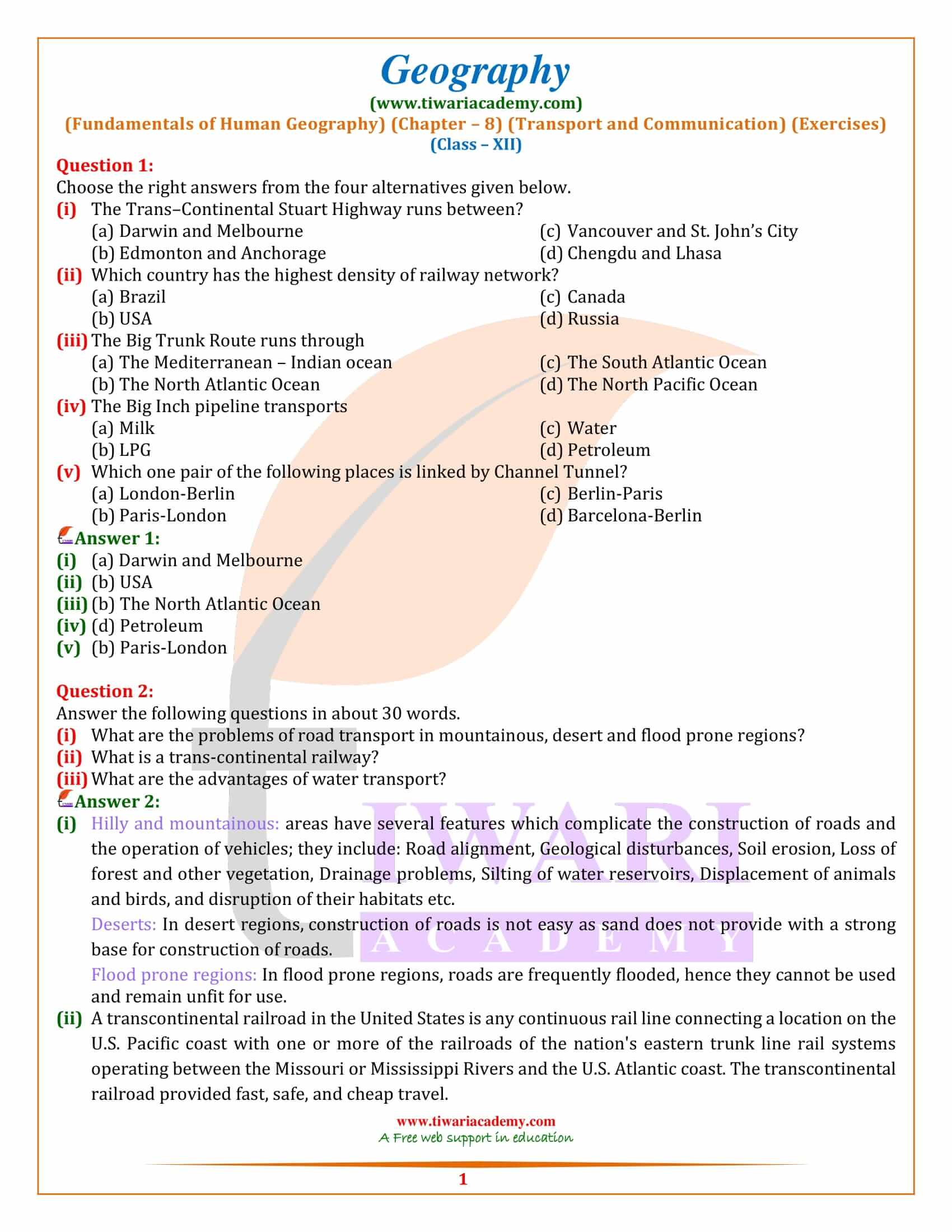 Class 12 Geography Chapter 8 Transport and Communication