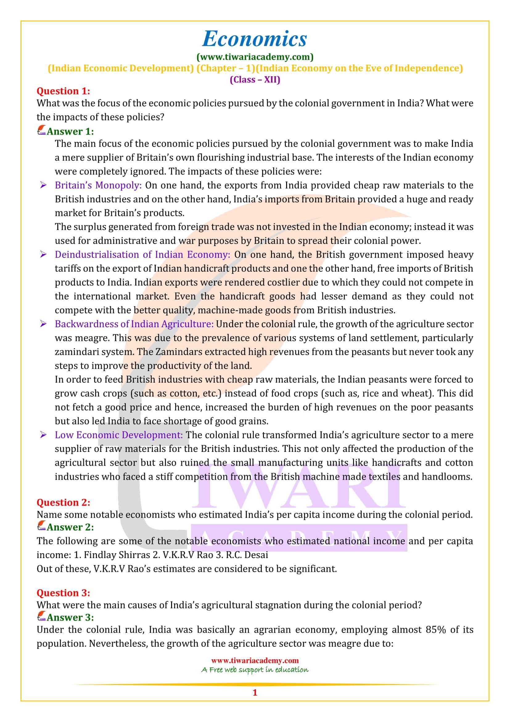 NCERT Solutions for Class 12 Indian Economics Chapter 1