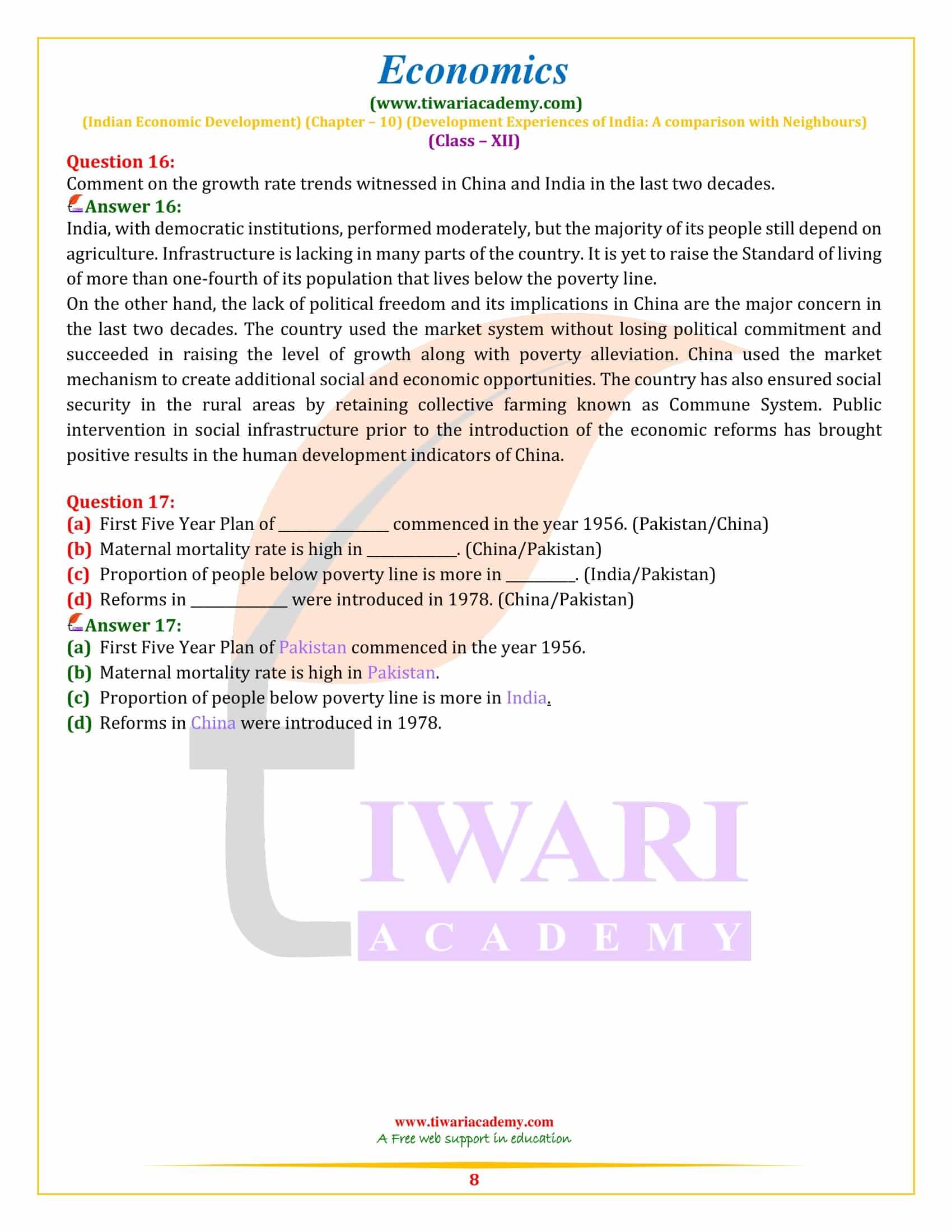 Class 12 Indian Economic Development Chapter 10 Question answers solutions free