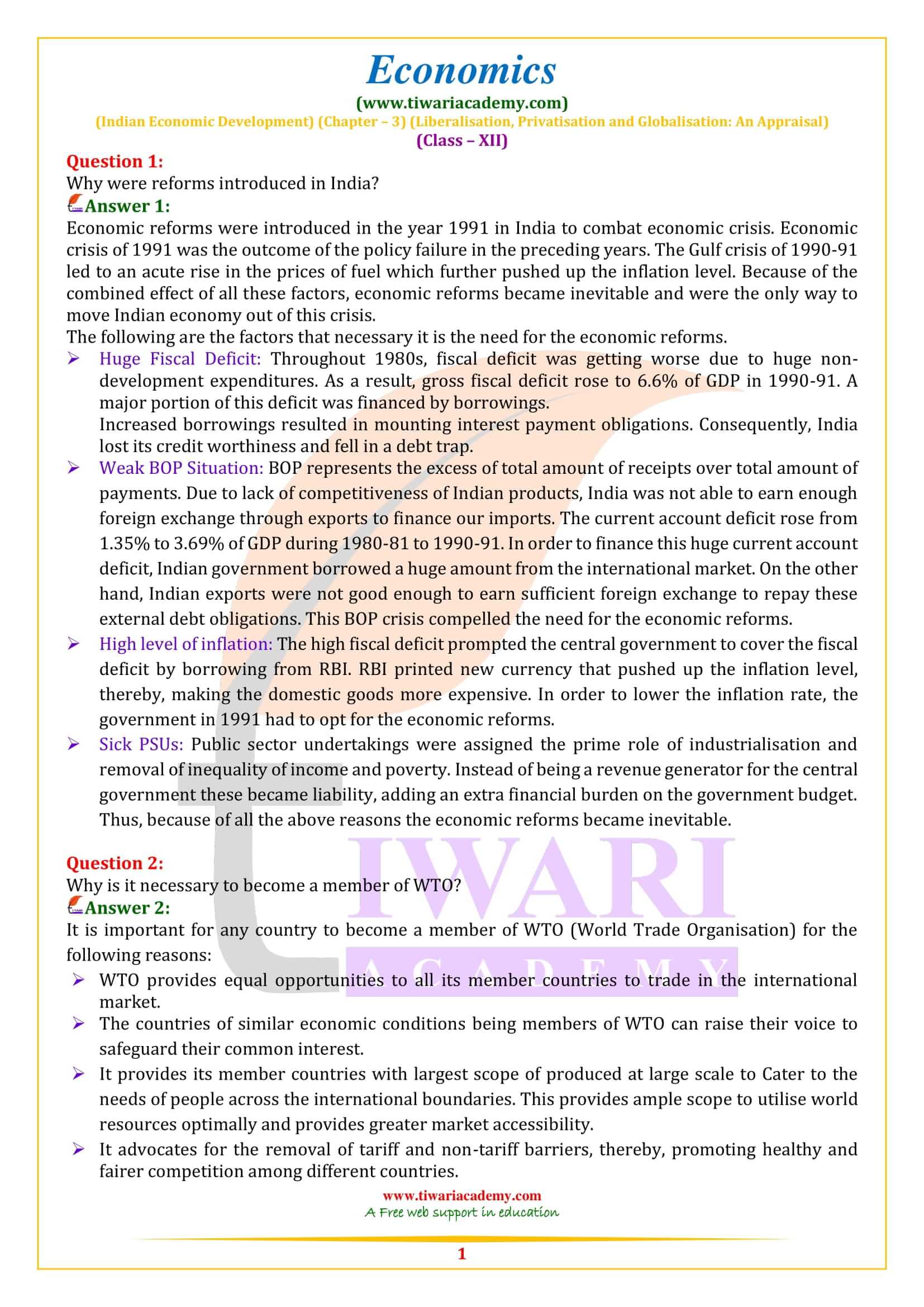 Class 12 Indian Economic Development Chapter 3