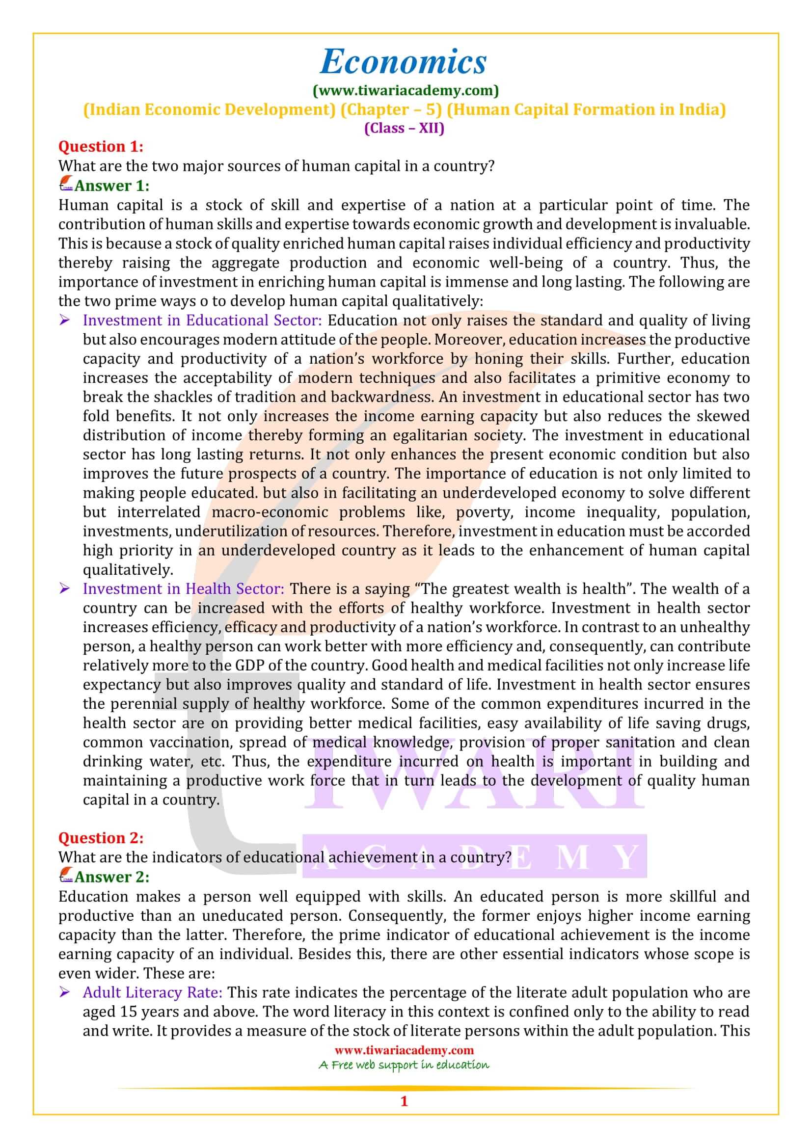 Class 12 Indian Economic Development Chapter 5 Human Capital Formation in India