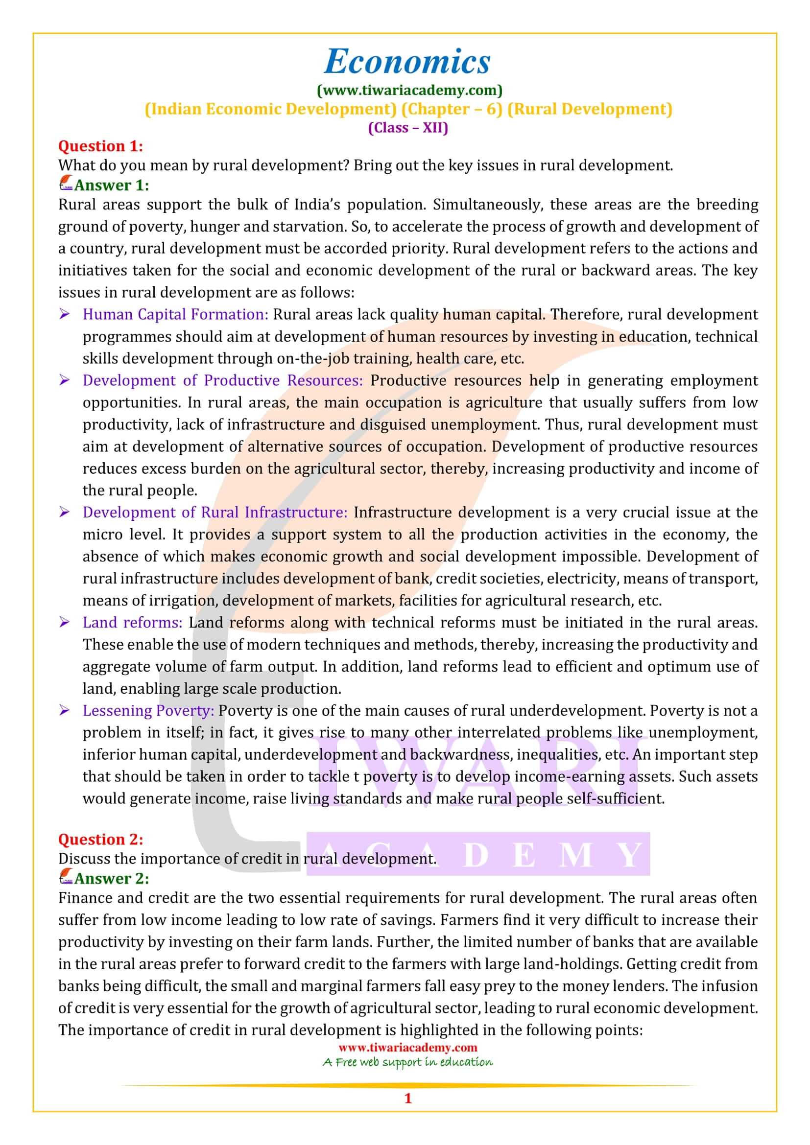 NCERT Solutions for Class 11 Economics Chapter 6 Rural Development Download Free PDF