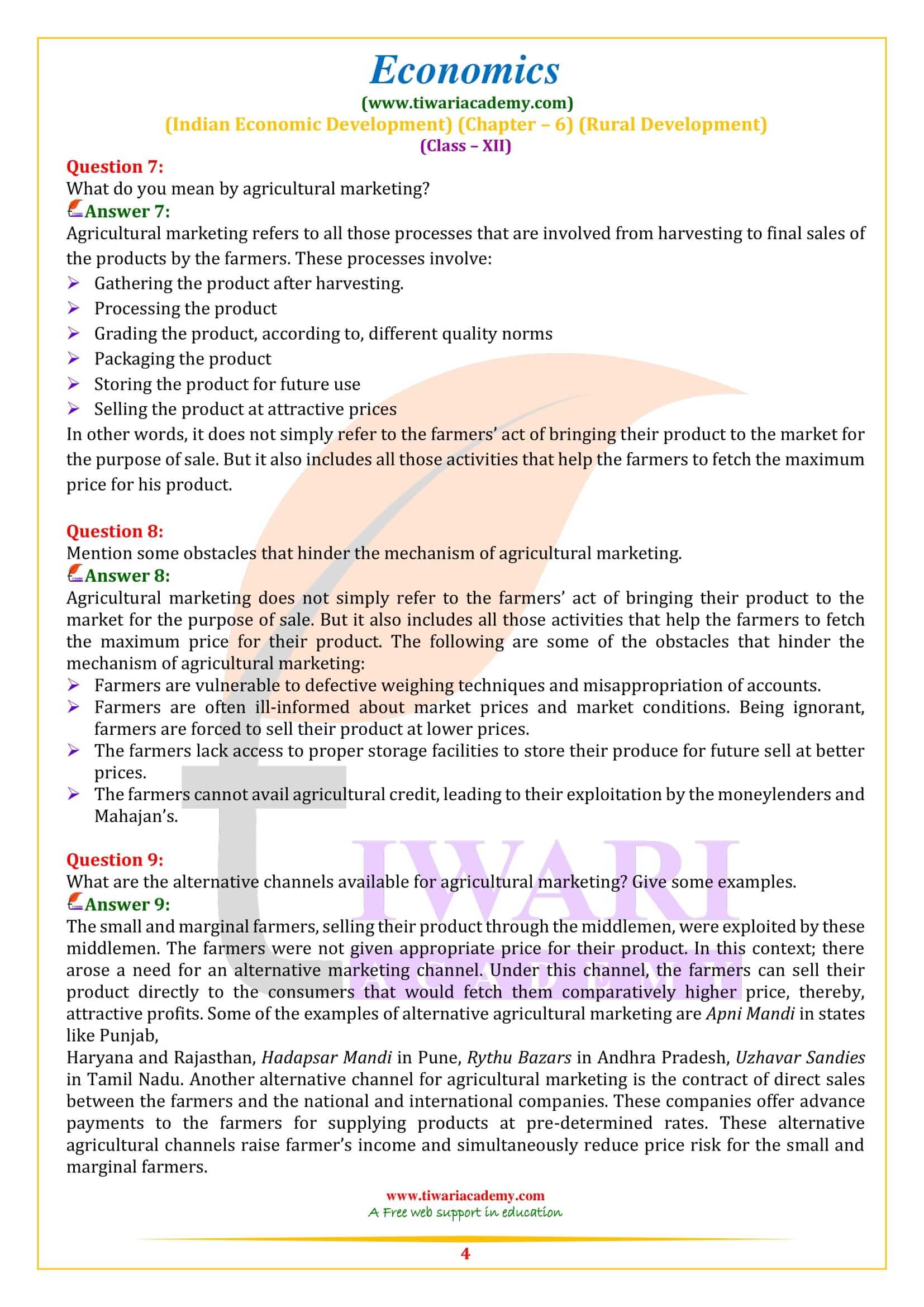 NCERT Solutions for Class 11 Economics Chapter 6 Rural Development Download Free PDF
