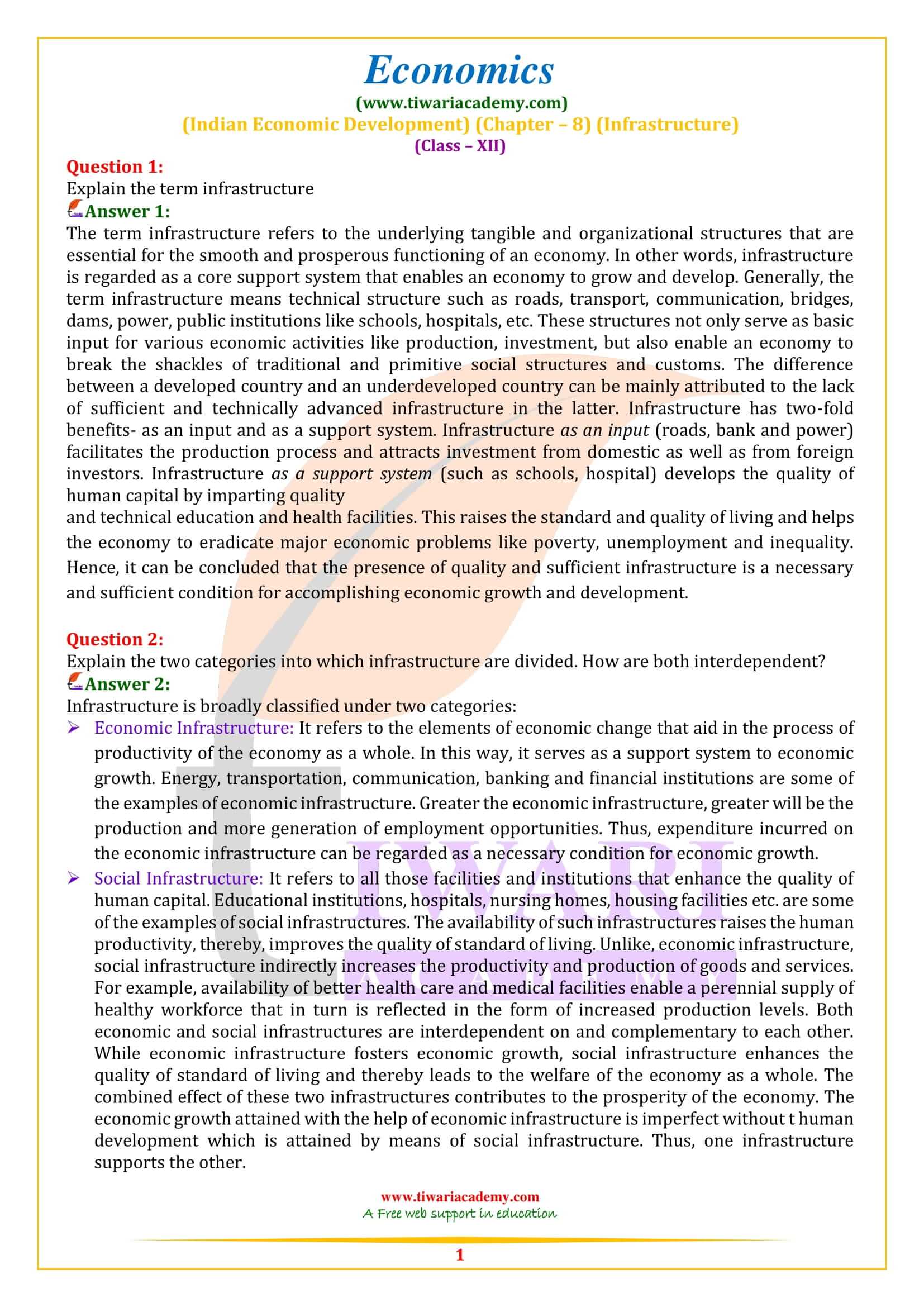 Class 12 Indian Economic Development Chapter 8 Solutions