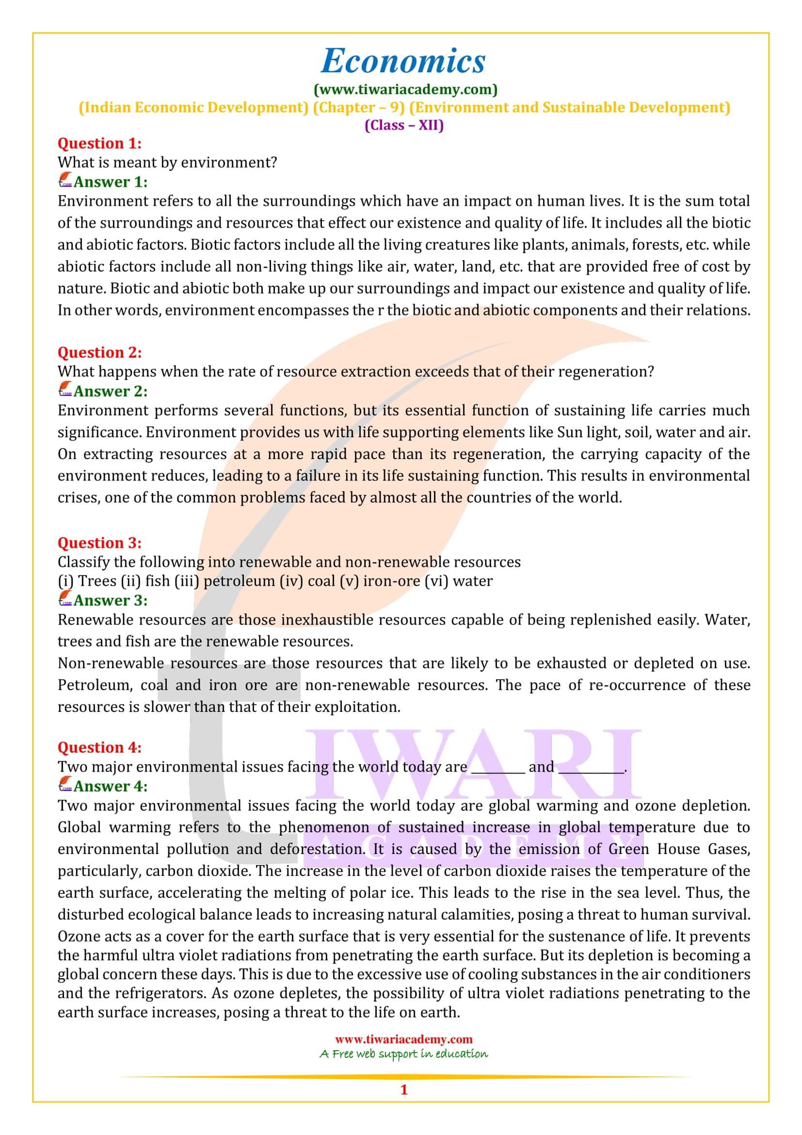 Class 12 Indian Economic Development Chapter 9 Environment and Sustainable Development