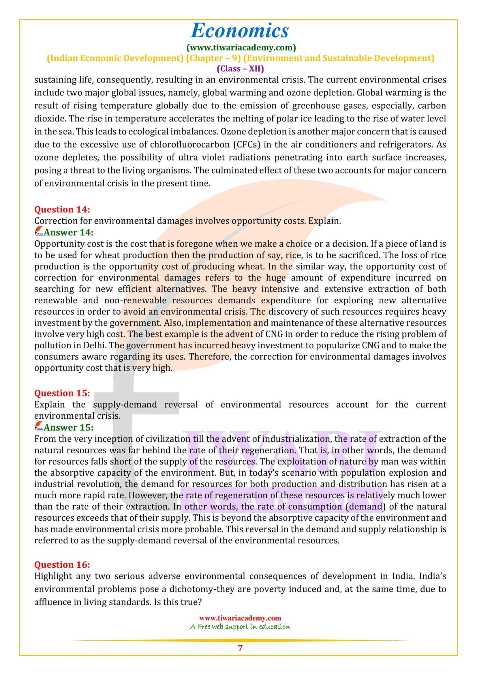 Class 12 Indian Economic Development Chapter 9 exercises answers