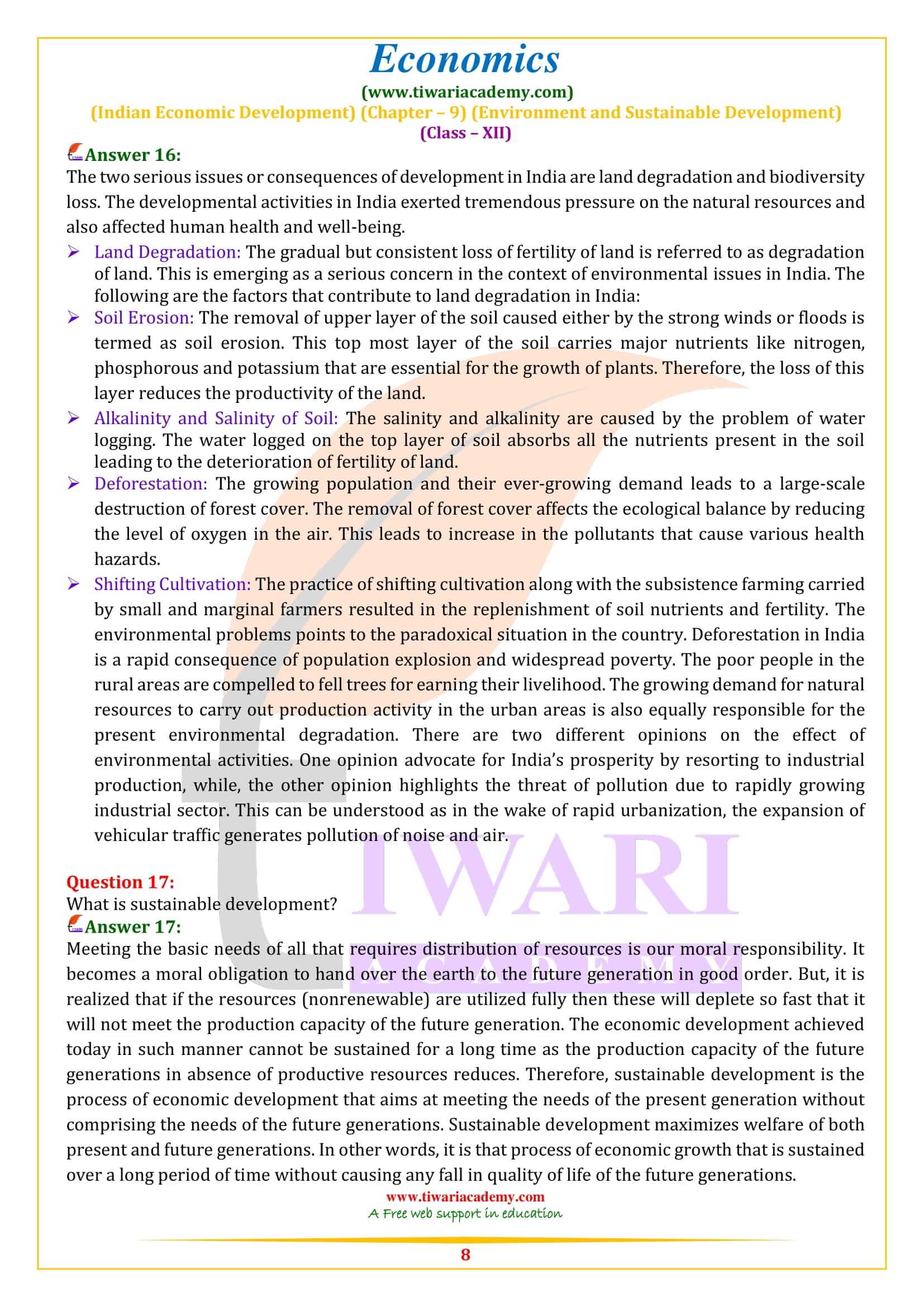 Class 12 Indian Economic Development Chapter 9 English Medium solutions