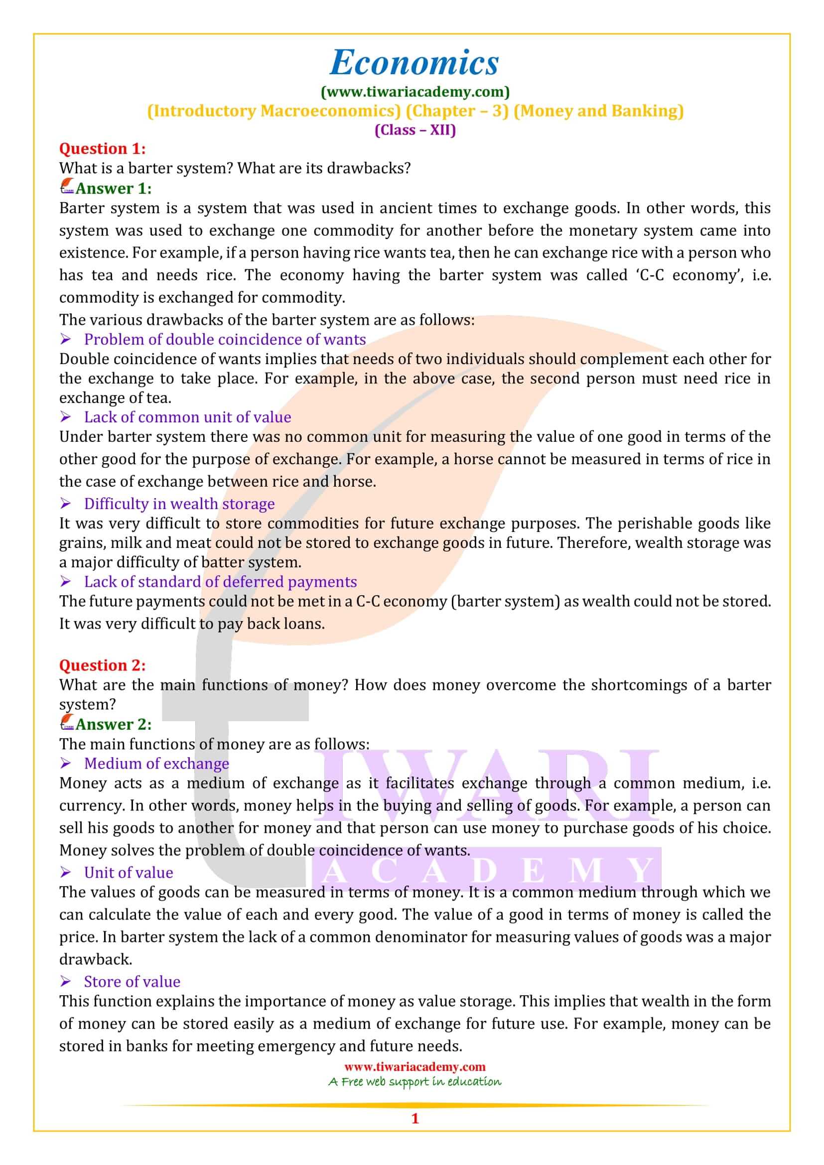 NCERT Solutions for Class 12 Economics Chapter 3 Money and Banking
