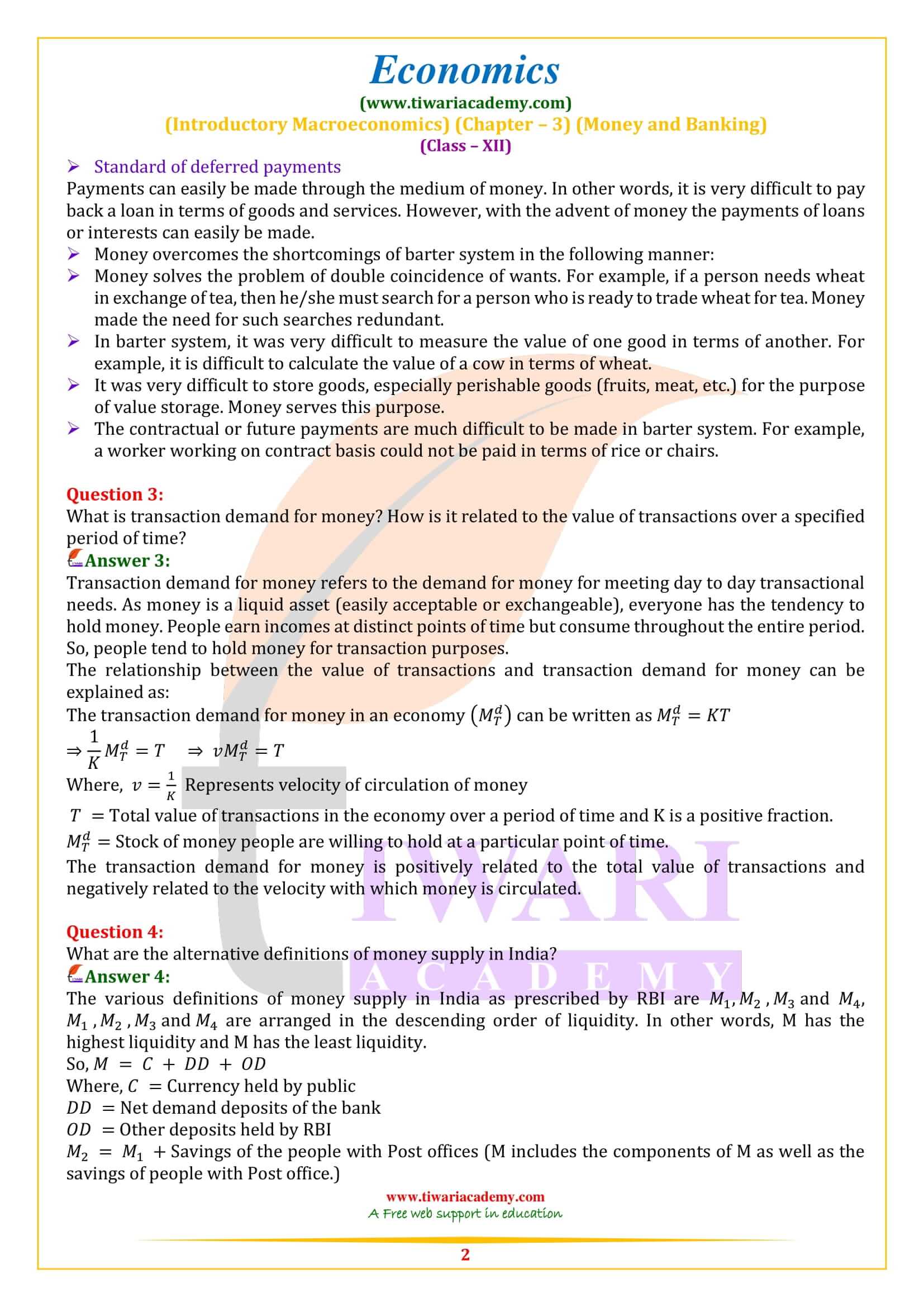 Class 12 Economics Chapter 3 Money and Banking