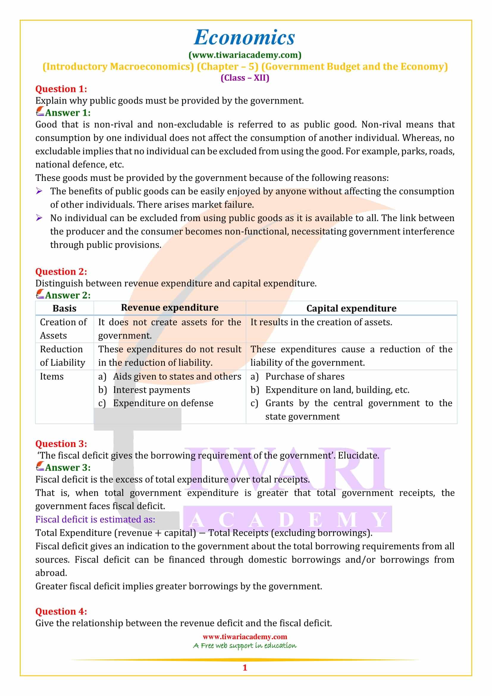 Class 12 Economics Chapter 5 Government Budget and the Economy