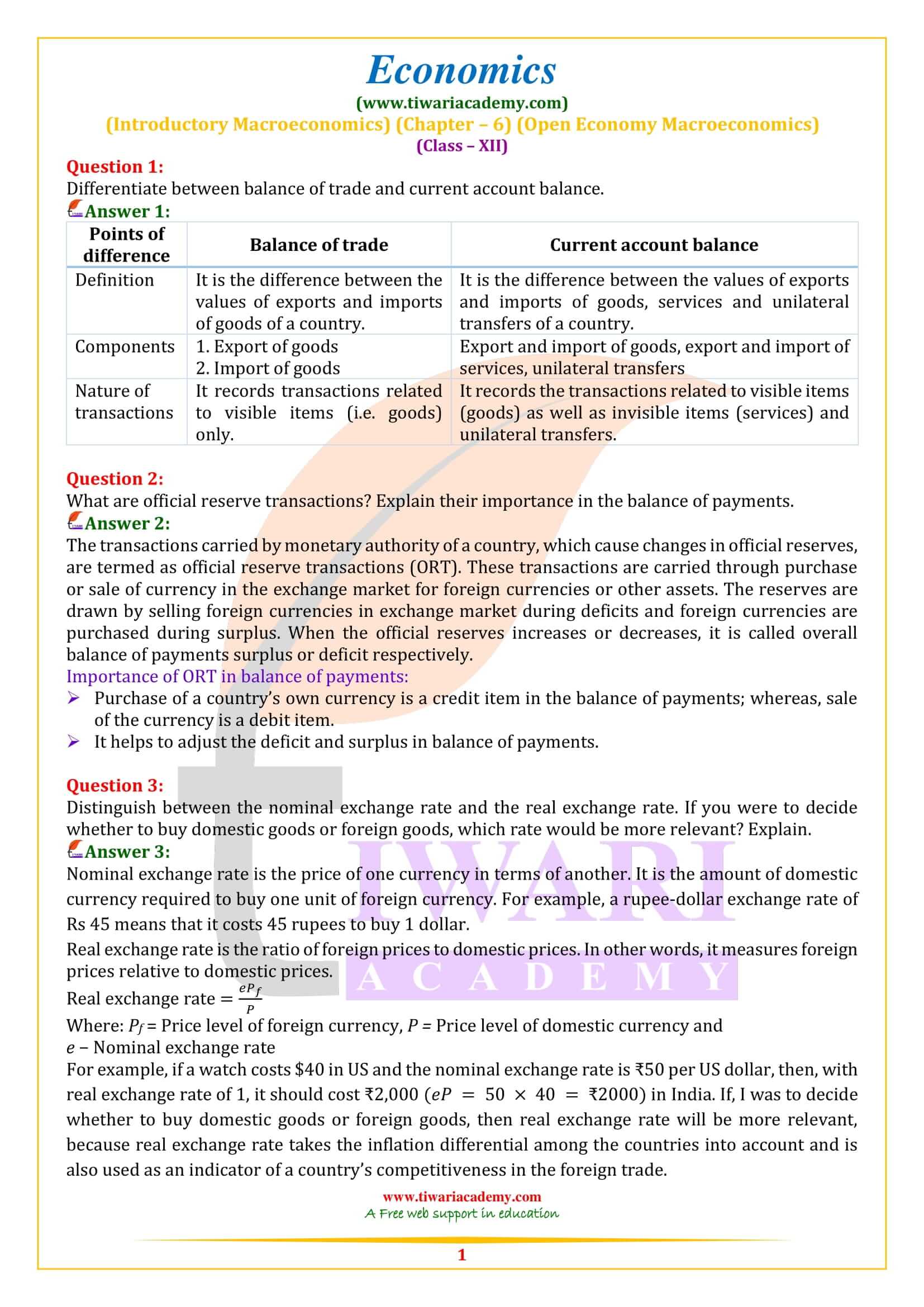 Class 12 Economics Chapter 6 Open Economy Macroeconomics