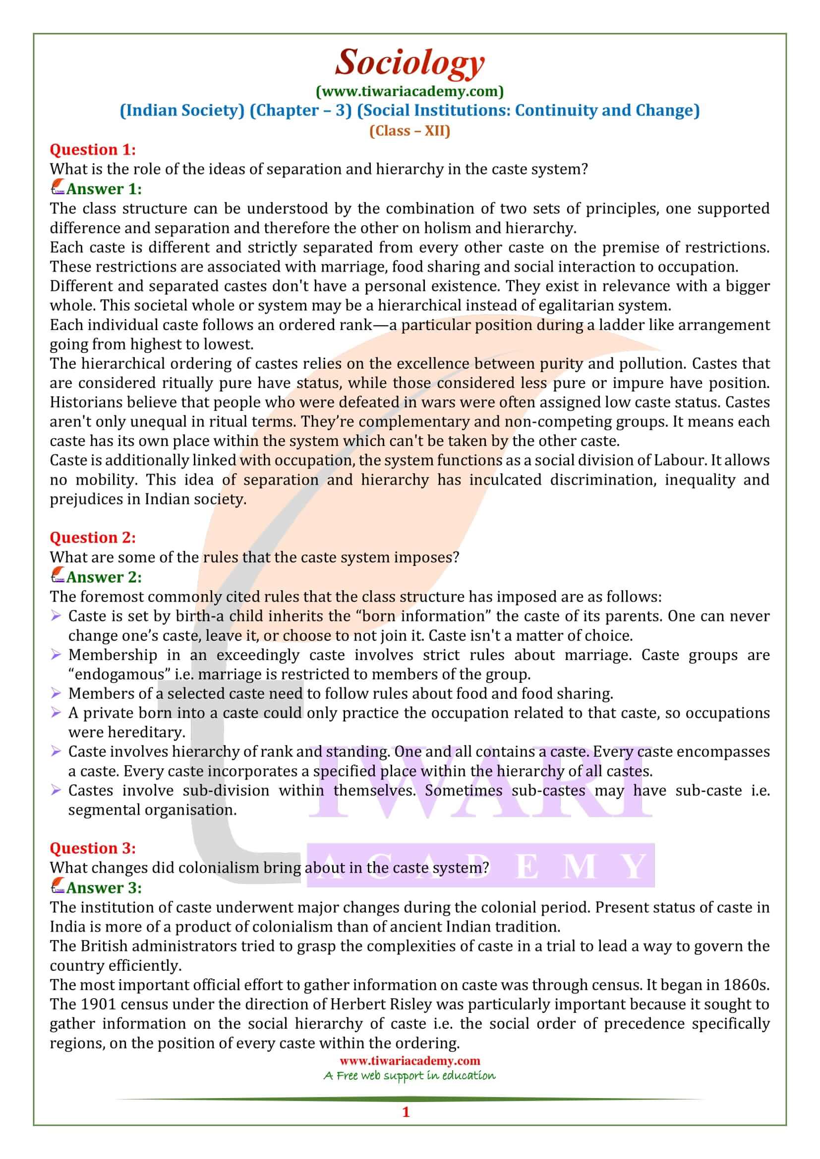 Class 12 Sociology Chapter 3 Social Institutions Continuity and Change