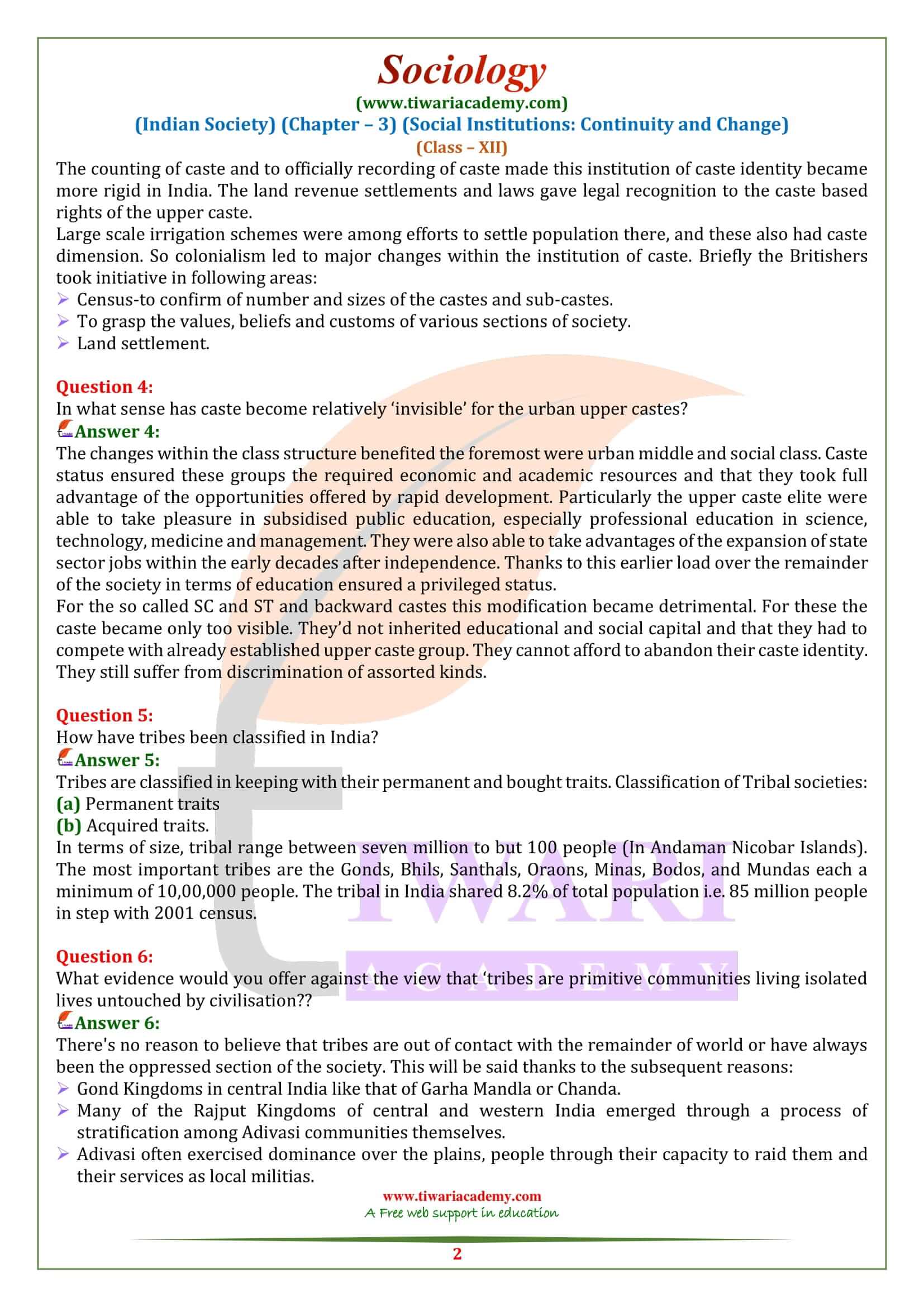 NCERT Solutions for Class 12 Sociology Chapter 3 Social Institutions