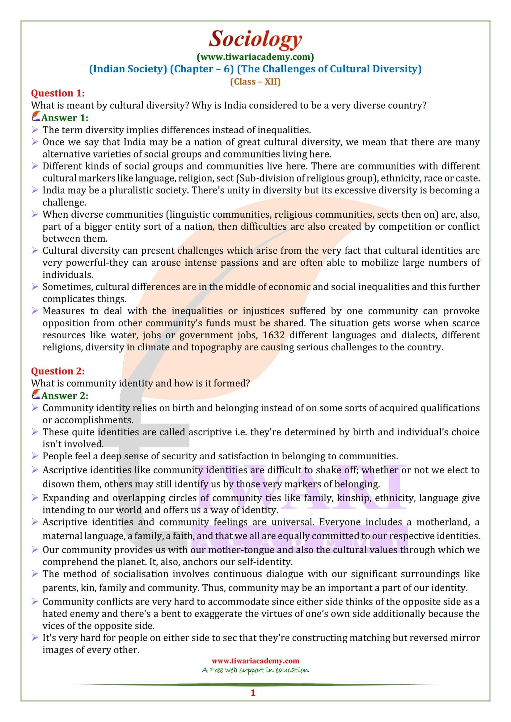 NCERT Solutions for Class 12 Sociology Chapter 6 the Challenges of Cultural Diversity