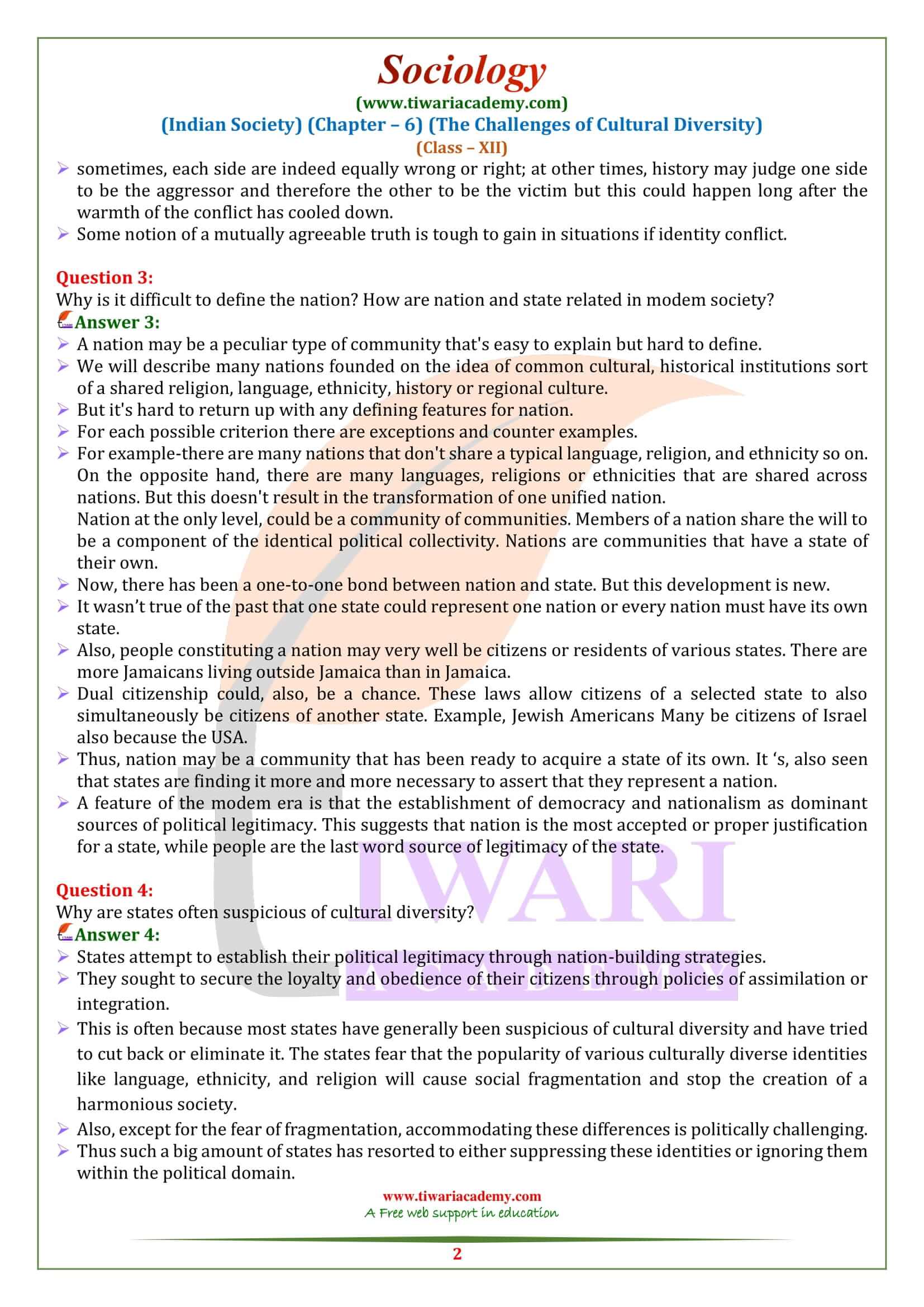 Class 12 Sociology Chapter 6 the Challenges of Cultural Diversity