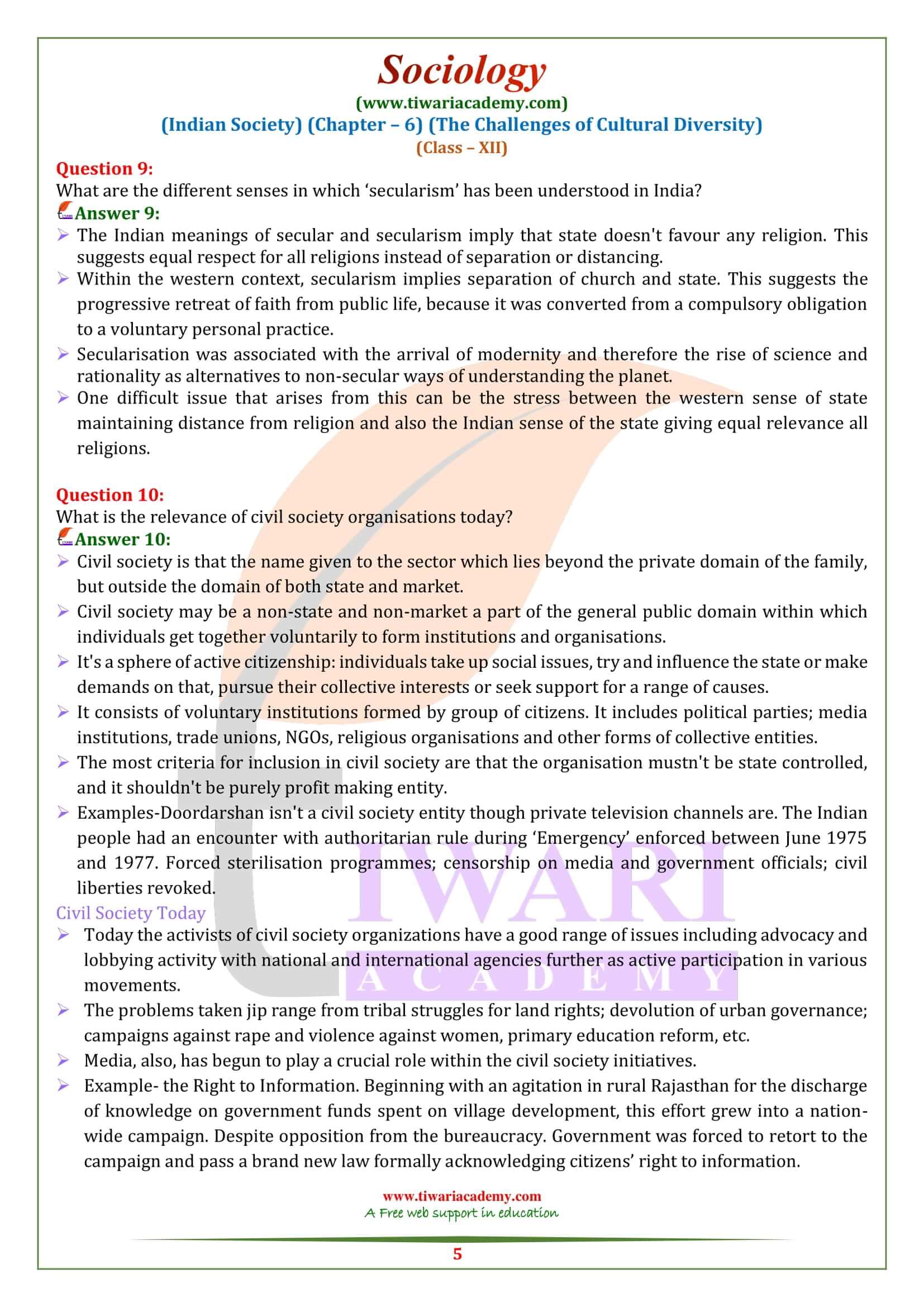 NCERT Solutions for Class 12 Sociology Chapter 6 exercises answers