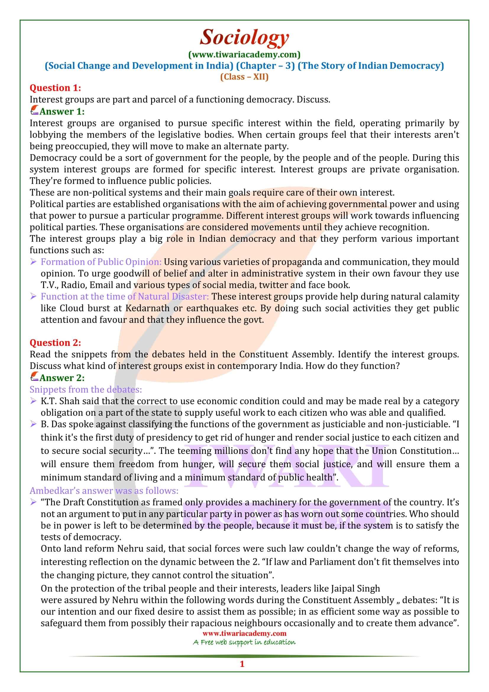 Class 12 Sociology Chapter 3 the Story of Indian Democracy