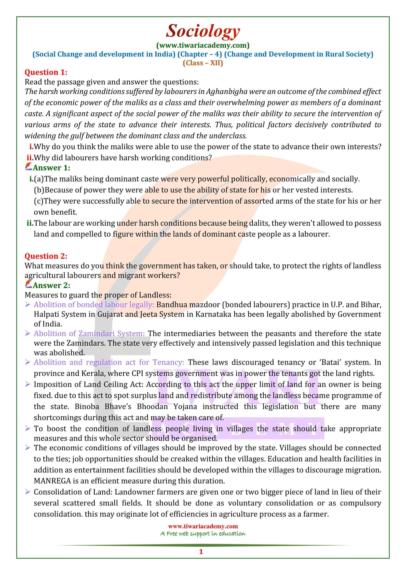 Class 12 Sociology Chapter 4 Change and Development in Rural Society