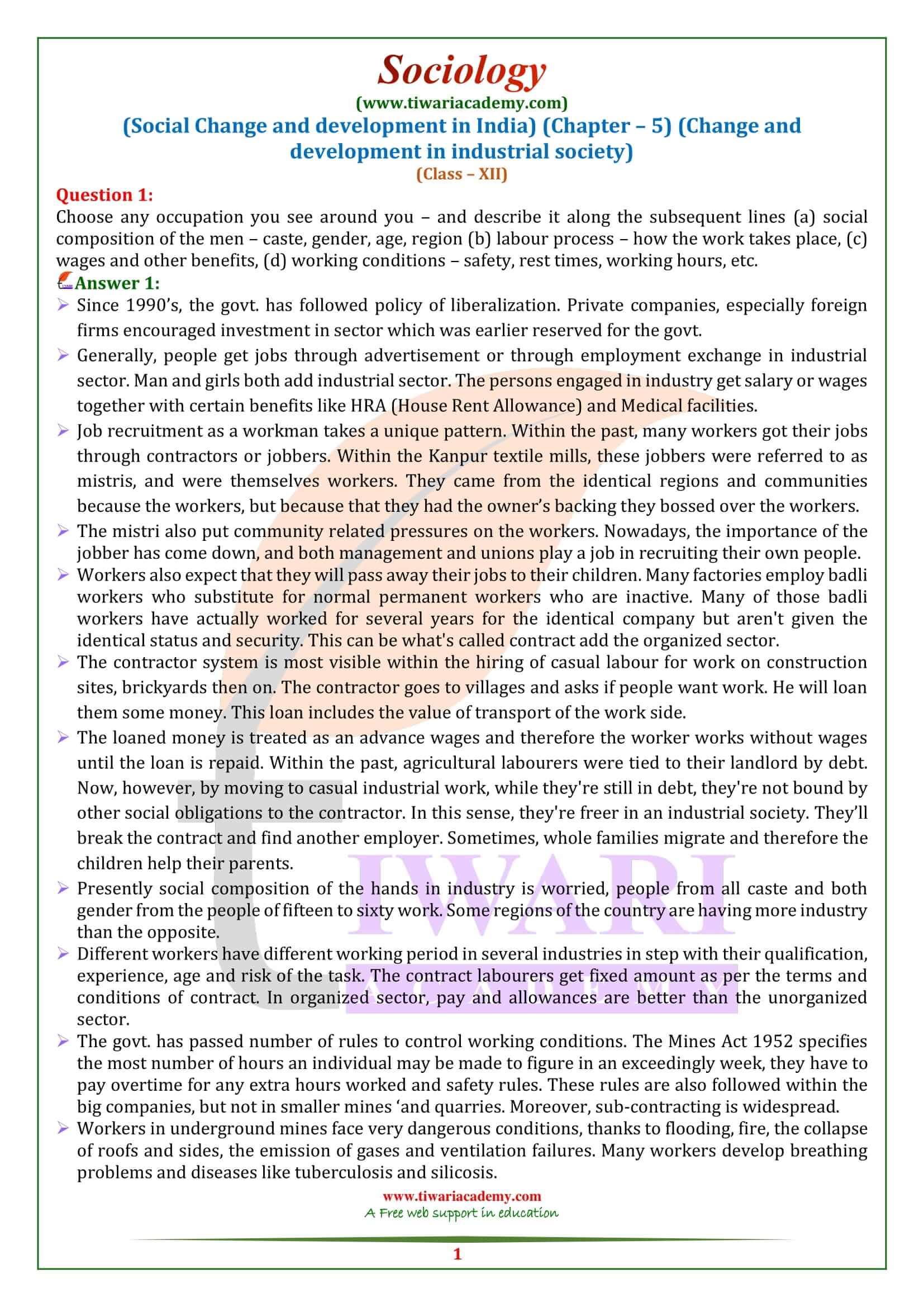 Class 12 Sociology Chapter 5 Change and Development in Industrial Society