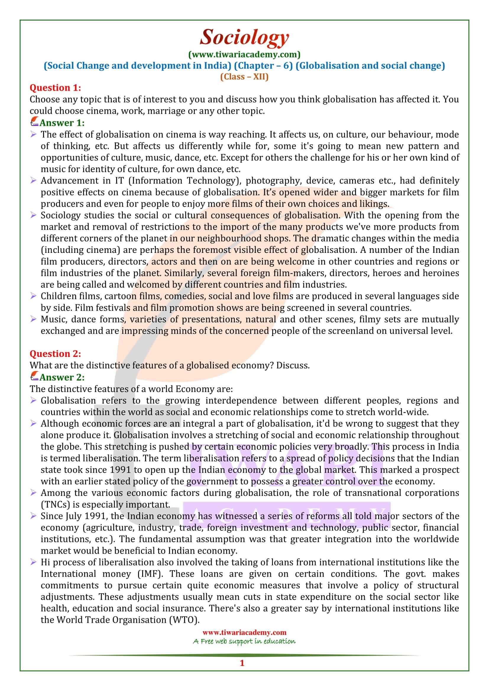 Class 12 Sociology Chapter 6 Globalisation and Social Change