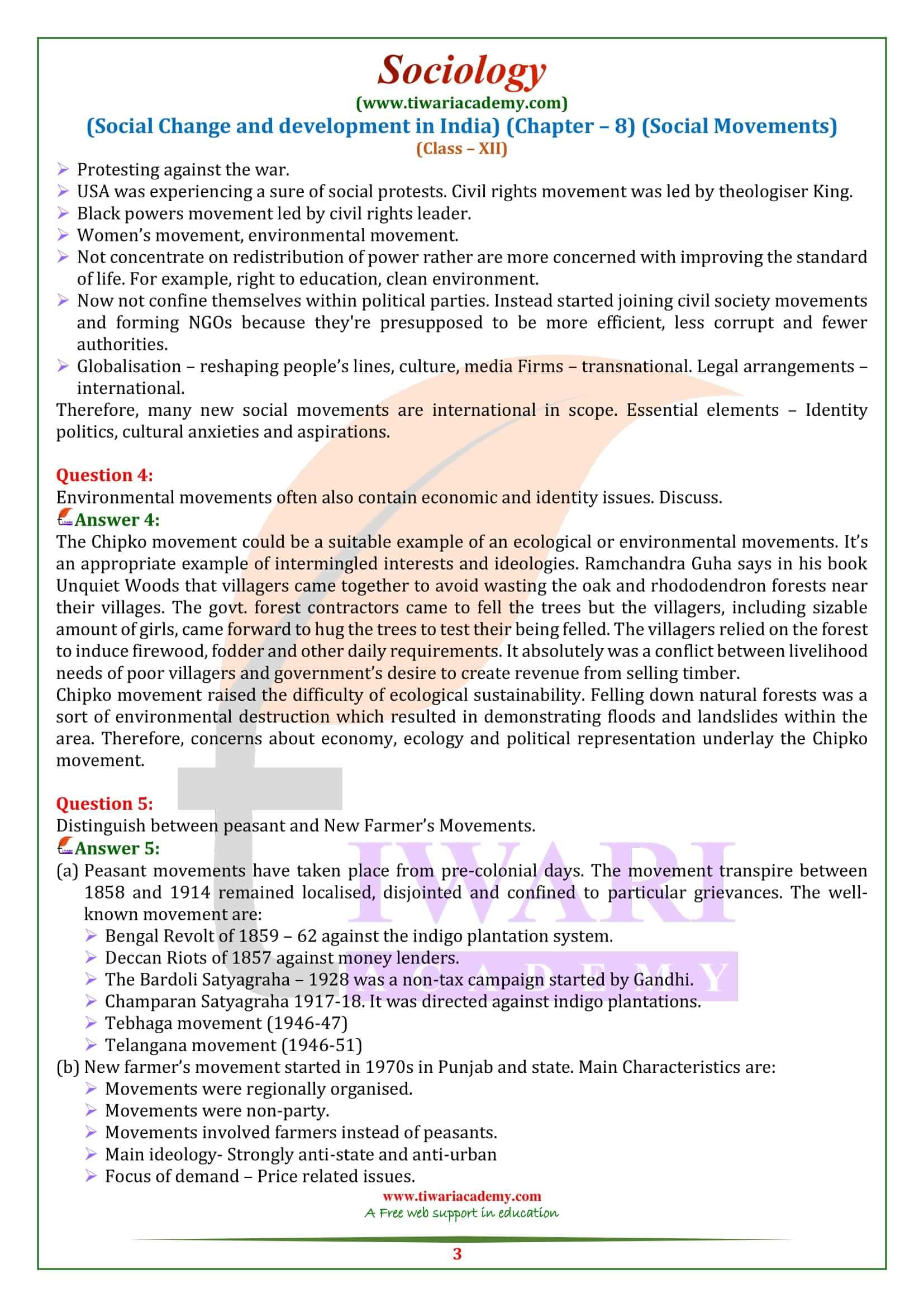 NCERT Solutions for Class 12 Sociology Chapter 8 exercises answers