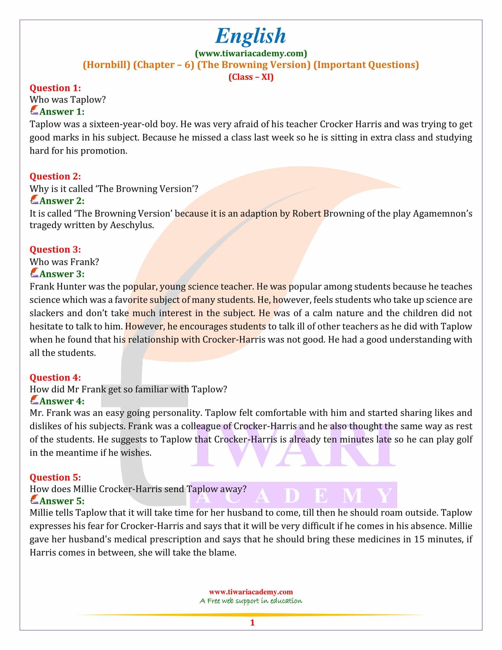 Class 11 English Hornbill Chapter 6 Extra Questions