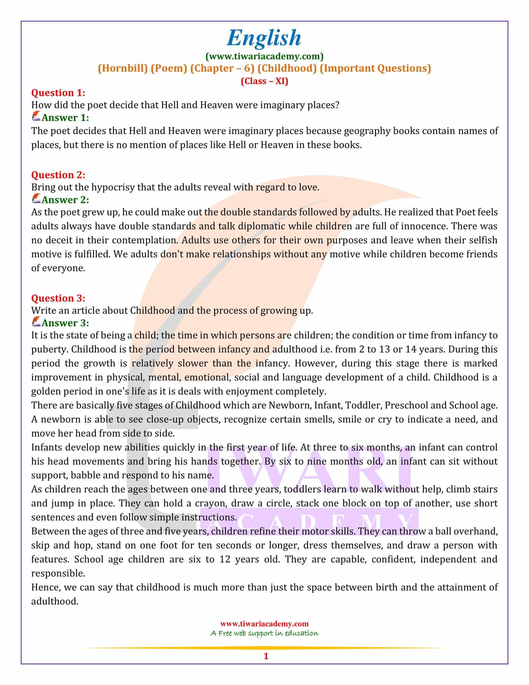 Class 11 English Hornbill Chapter 6 Revision Questions