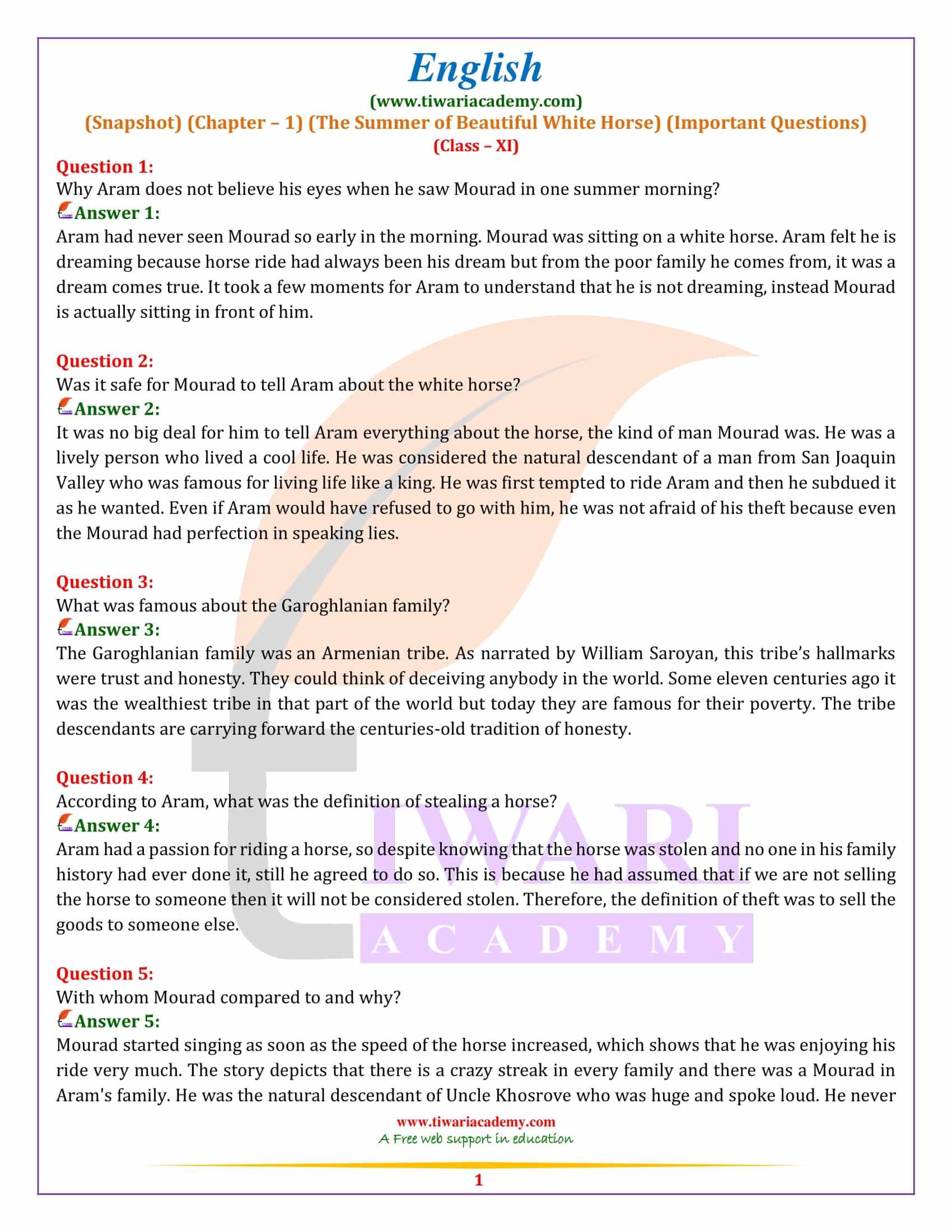 Class 11 English Snapshots Chapter 1 Practice Questions