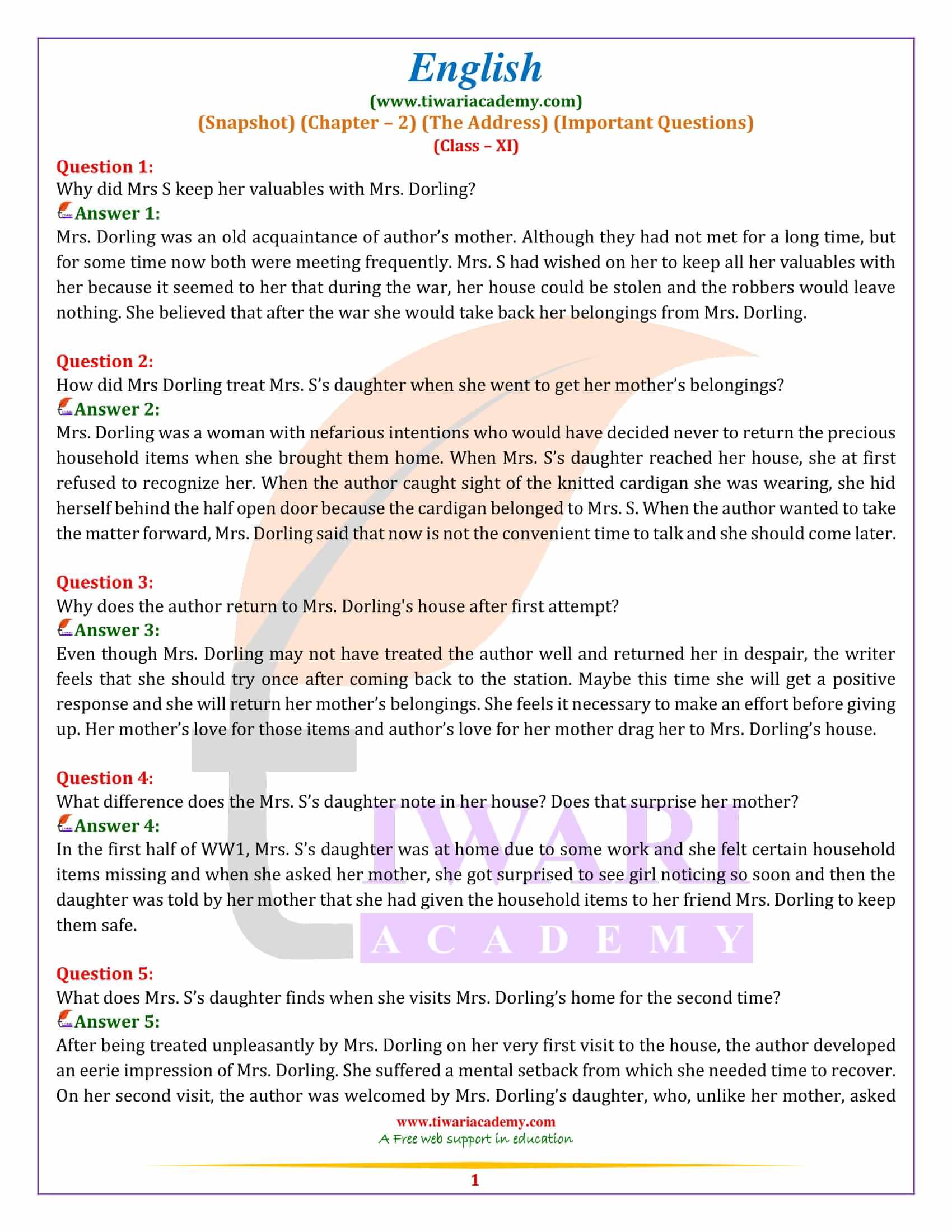 Class 11 English Snapshots Chapter 2 Extra Questions