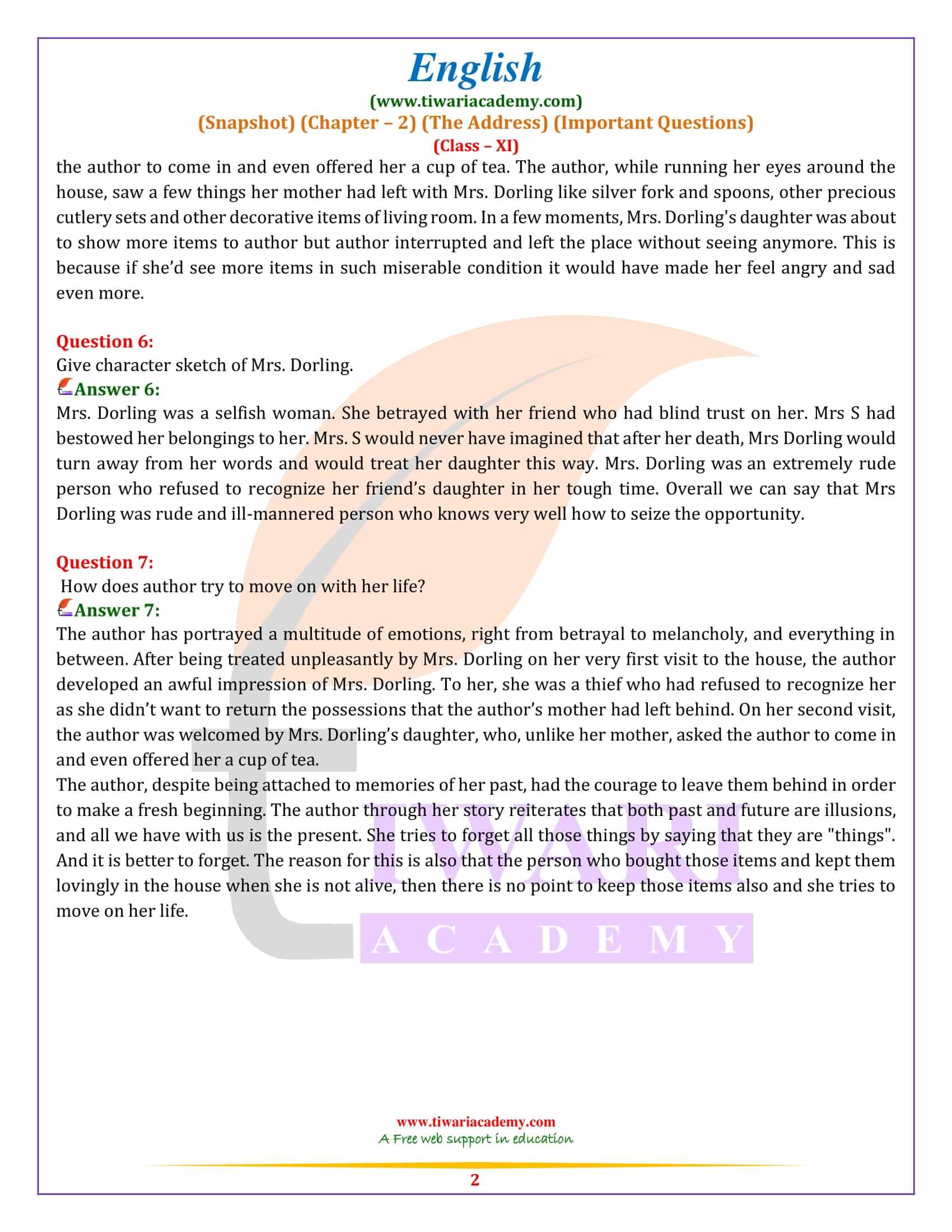 Class 11 English Snapshots Chapter 2 Practice Questions