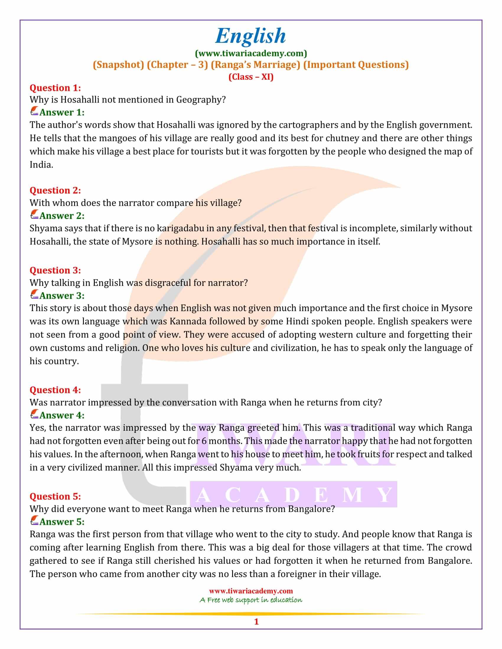 Class 11 English Snapshots Chapter 3 Extra Questions