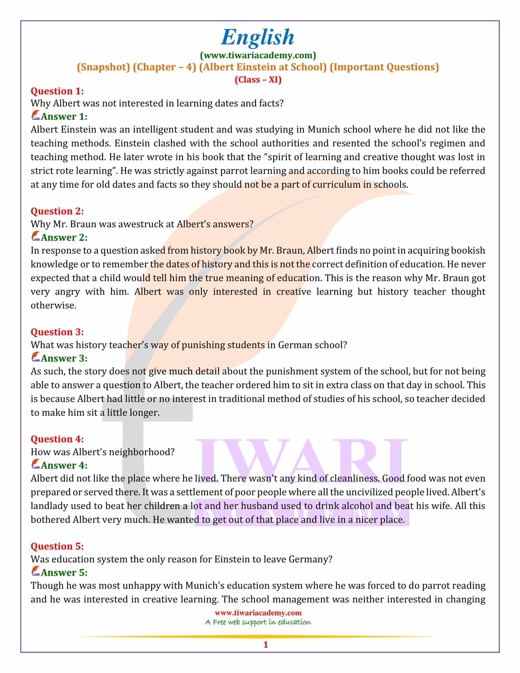 Class 11 English Snapshots Chapter 4 Extra Questions