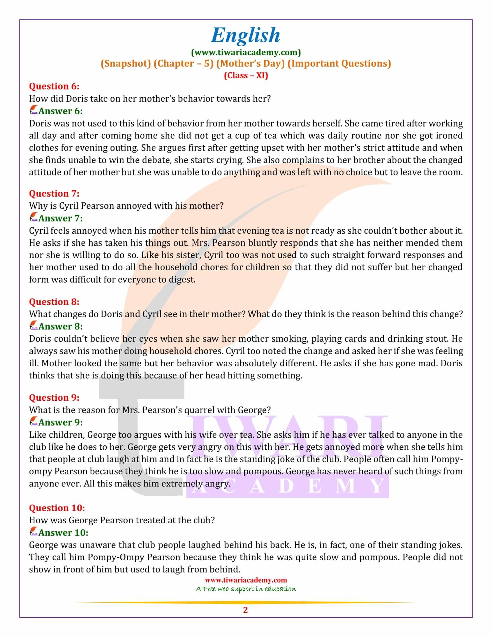 Class 11 English Snapshots Chapter 5 Important Questions Mothers Day
