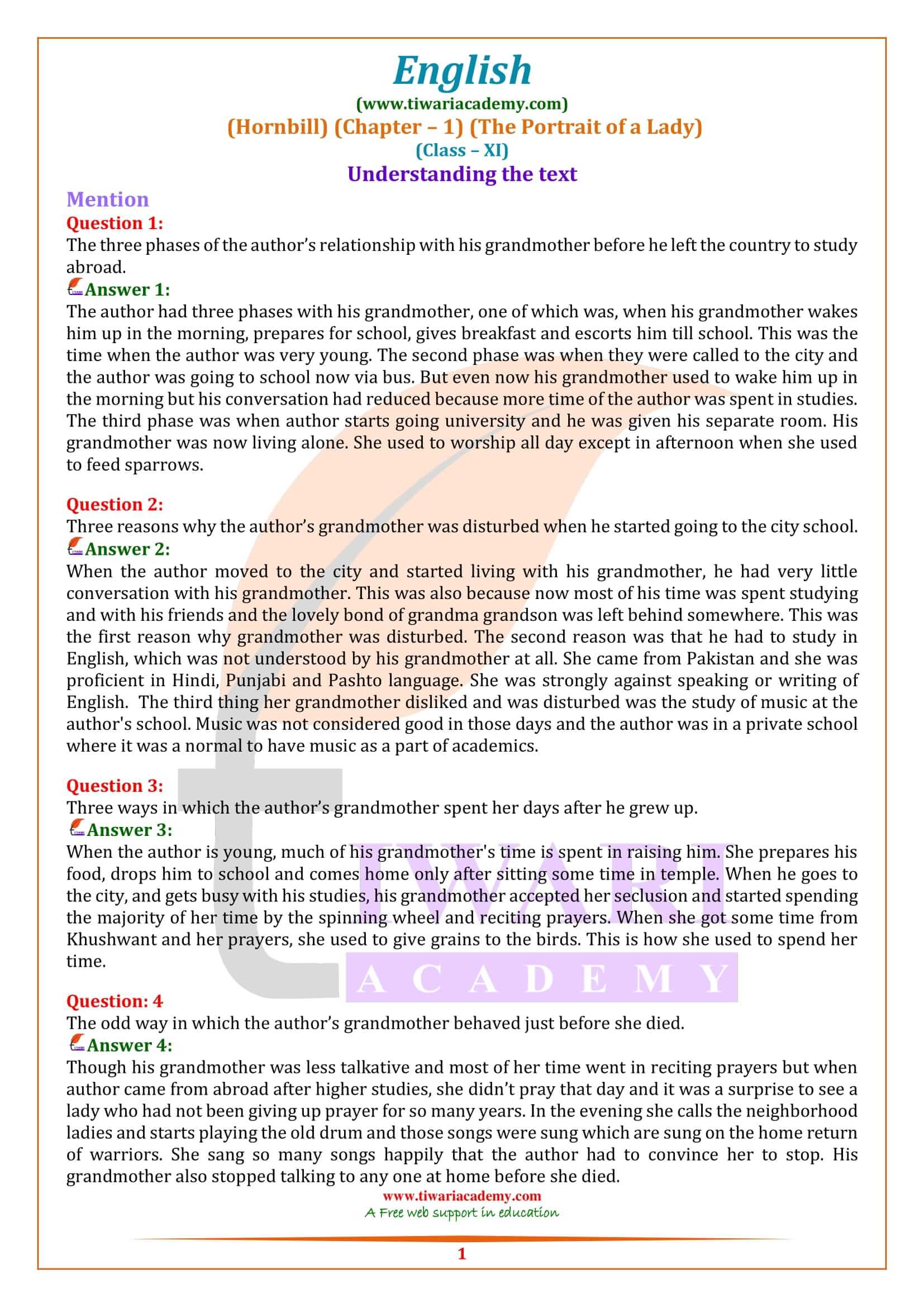 NCERT Solutions for Class 11 English Hornbill Chapter 1 Question Answers
