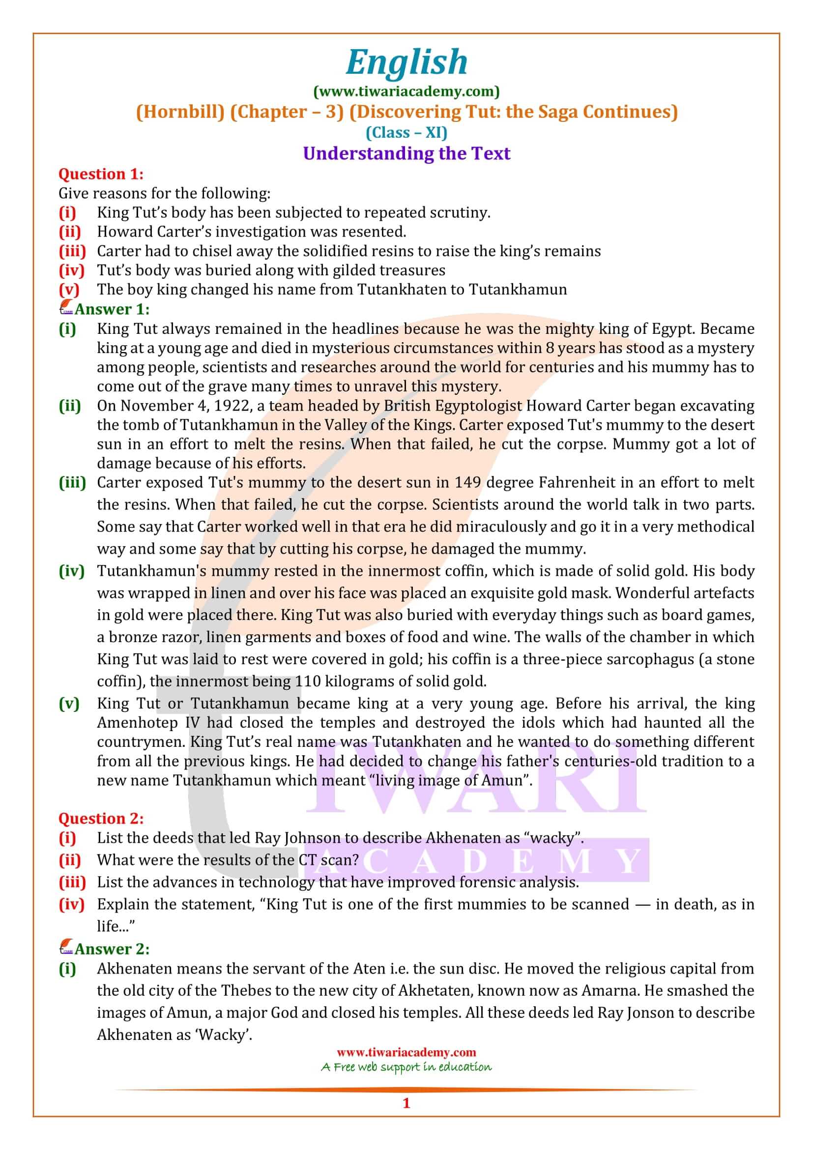NCERT Solutions for Class 11 English Hornbill Chapter 3 Question Answers