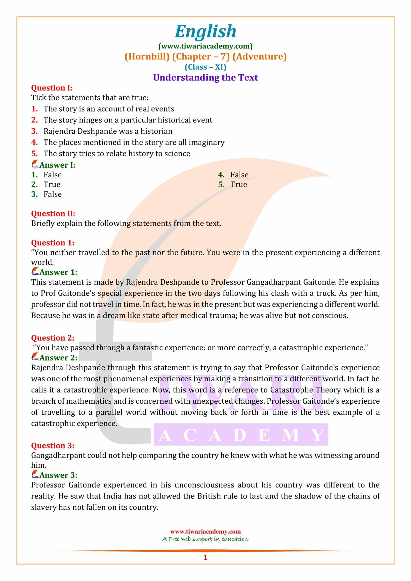 NCERT Solutions for Class 11 English Hornbill Chapter 7 Answers