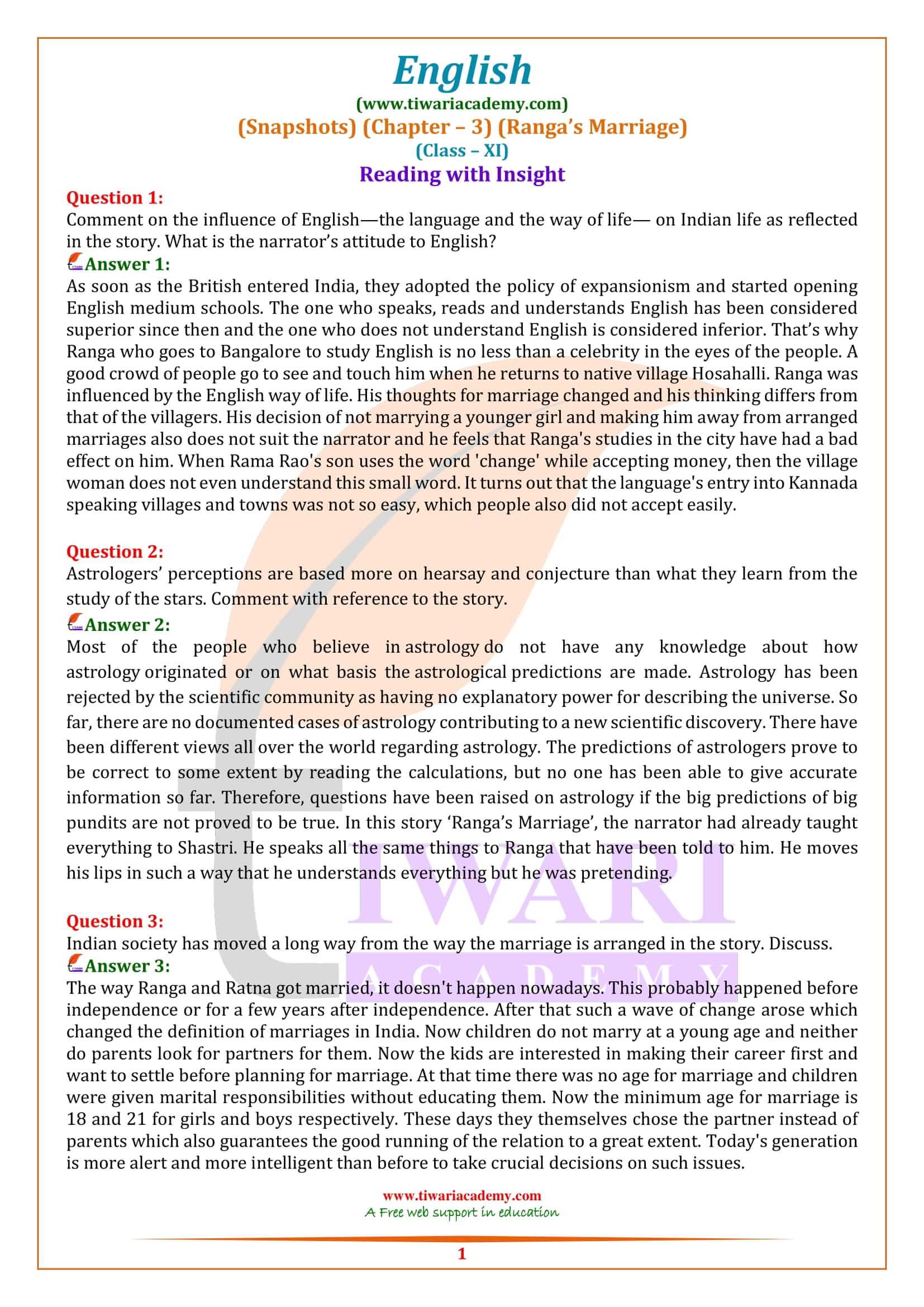 NCERT Solutions for Class 11 English Snapshots Chapter 3 Question Answers