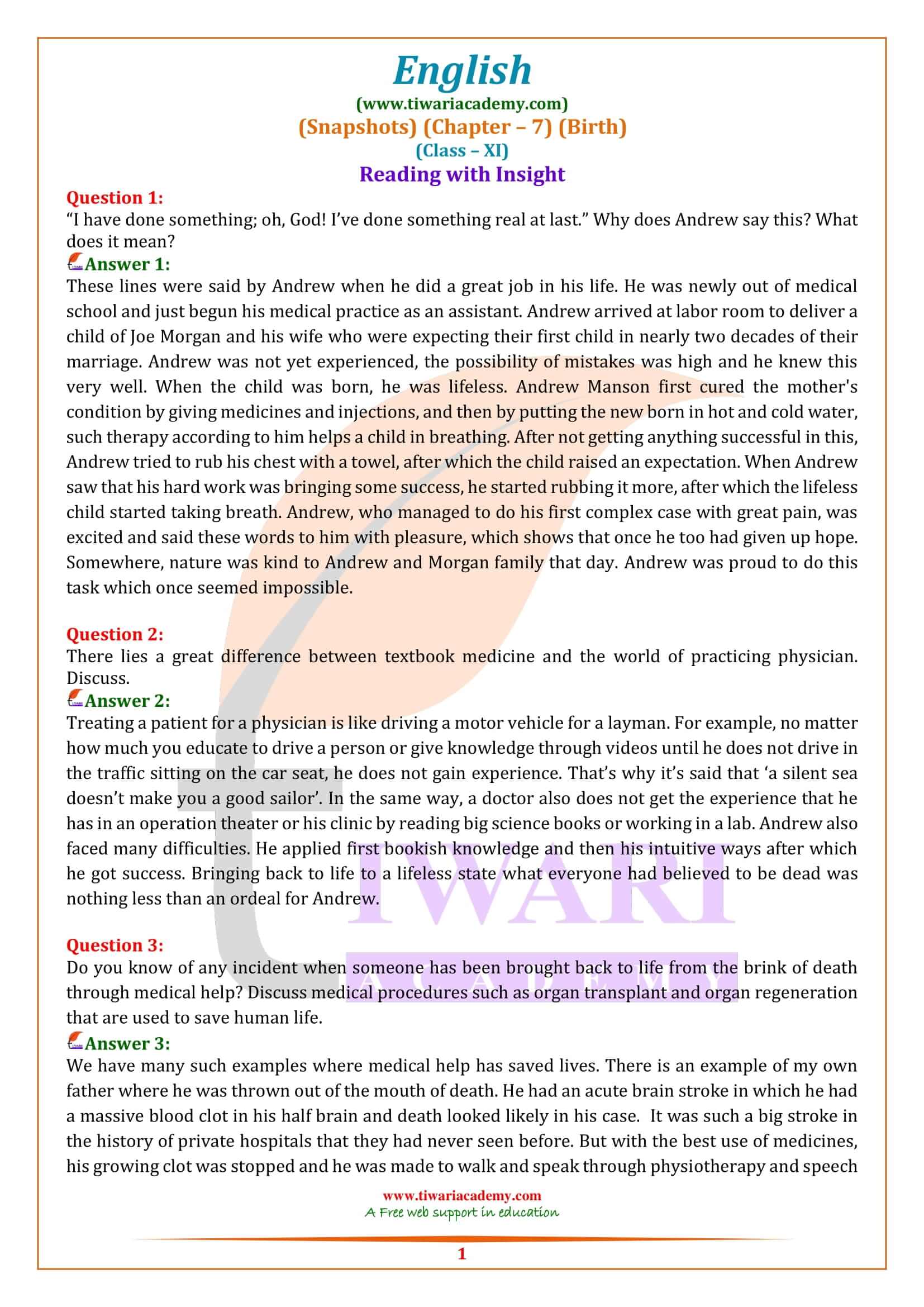 NCERT Solutions for Class 11 English Snapshots Chapter 7 Question Answers