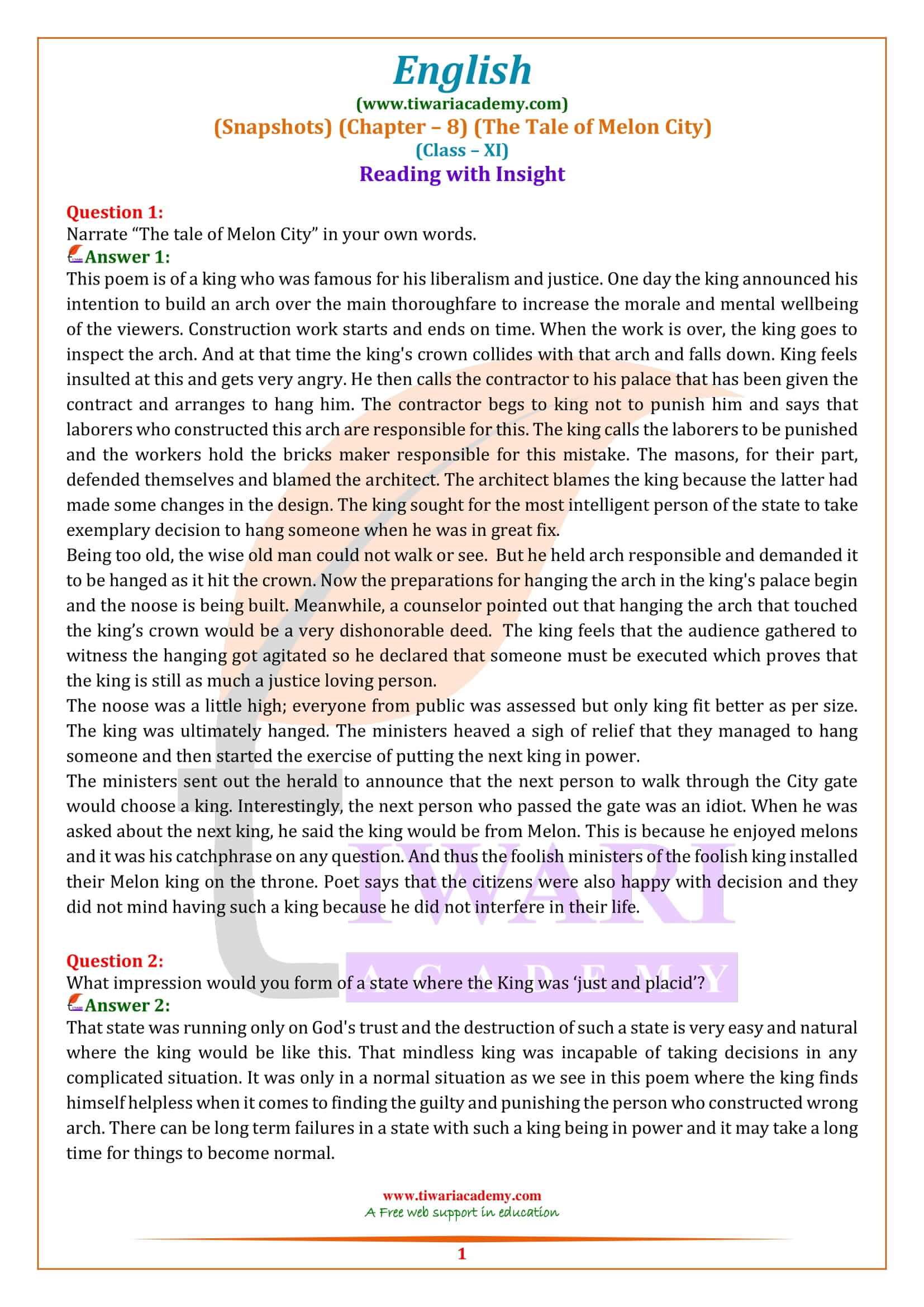 NCERT Solutions for Class 11 English Snapshots Chapter 8 Solutions