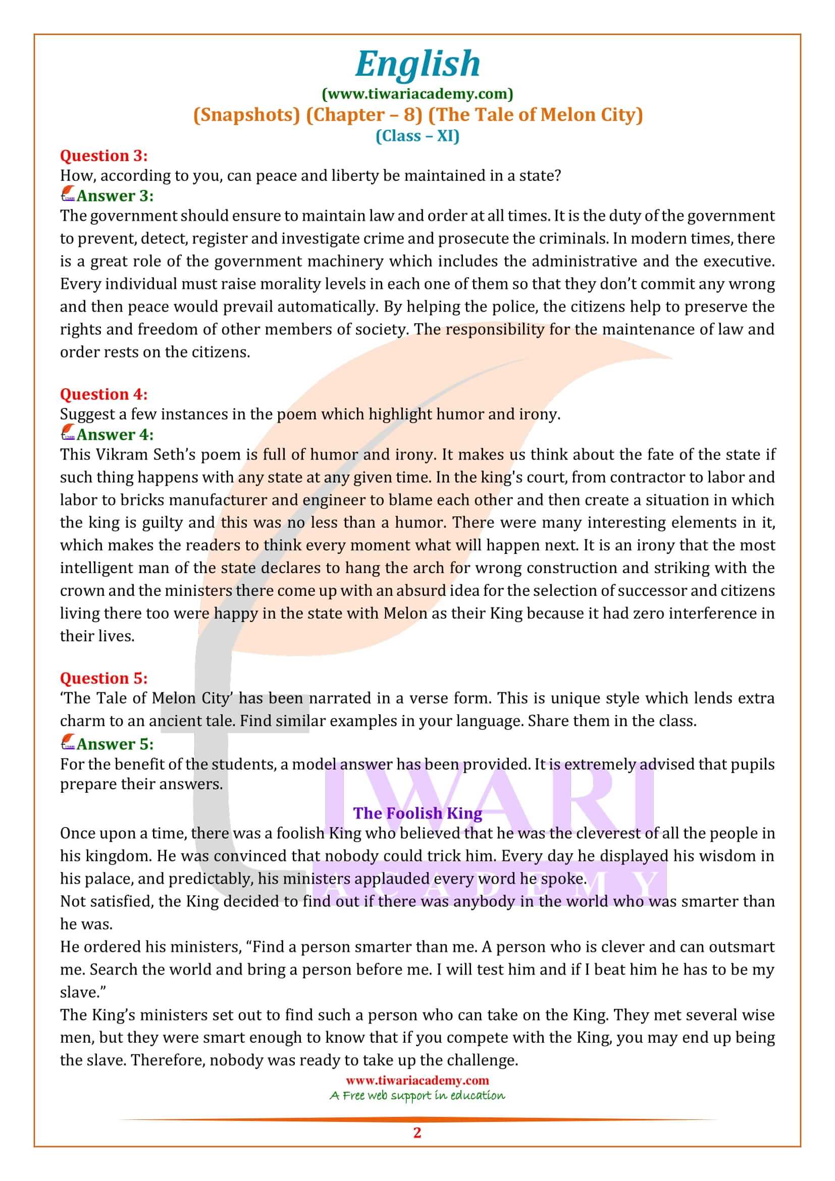 NCERT Solutions for Class 11 English Snapshots Chapter 8 Question Answers
