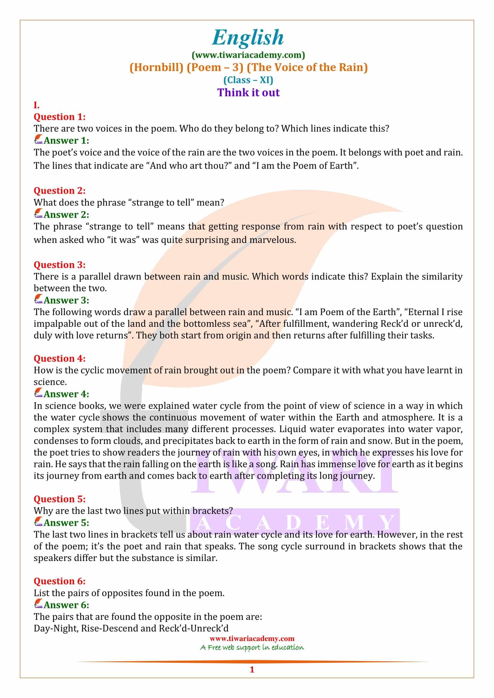 Class 11 English Hornbill Chapter 4 Poem Answers