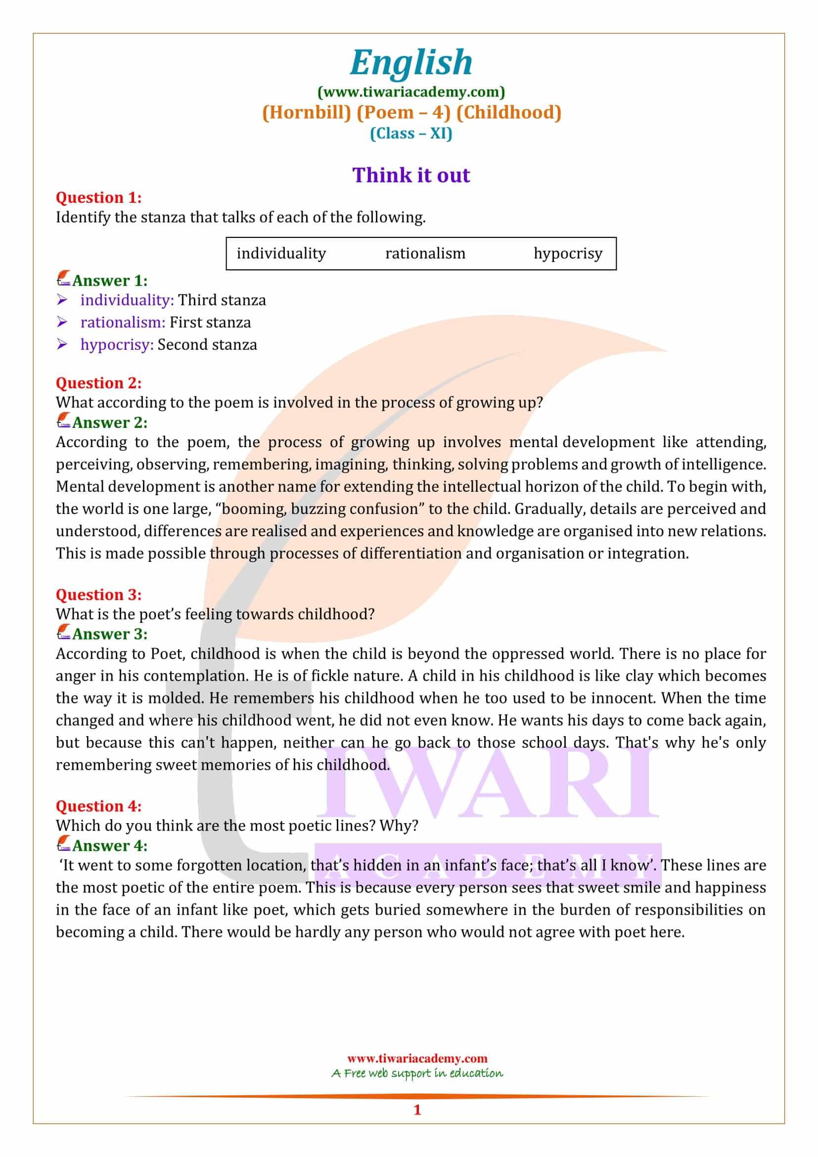 Class 11 English Hornbill Chapter 6 Poem Answers