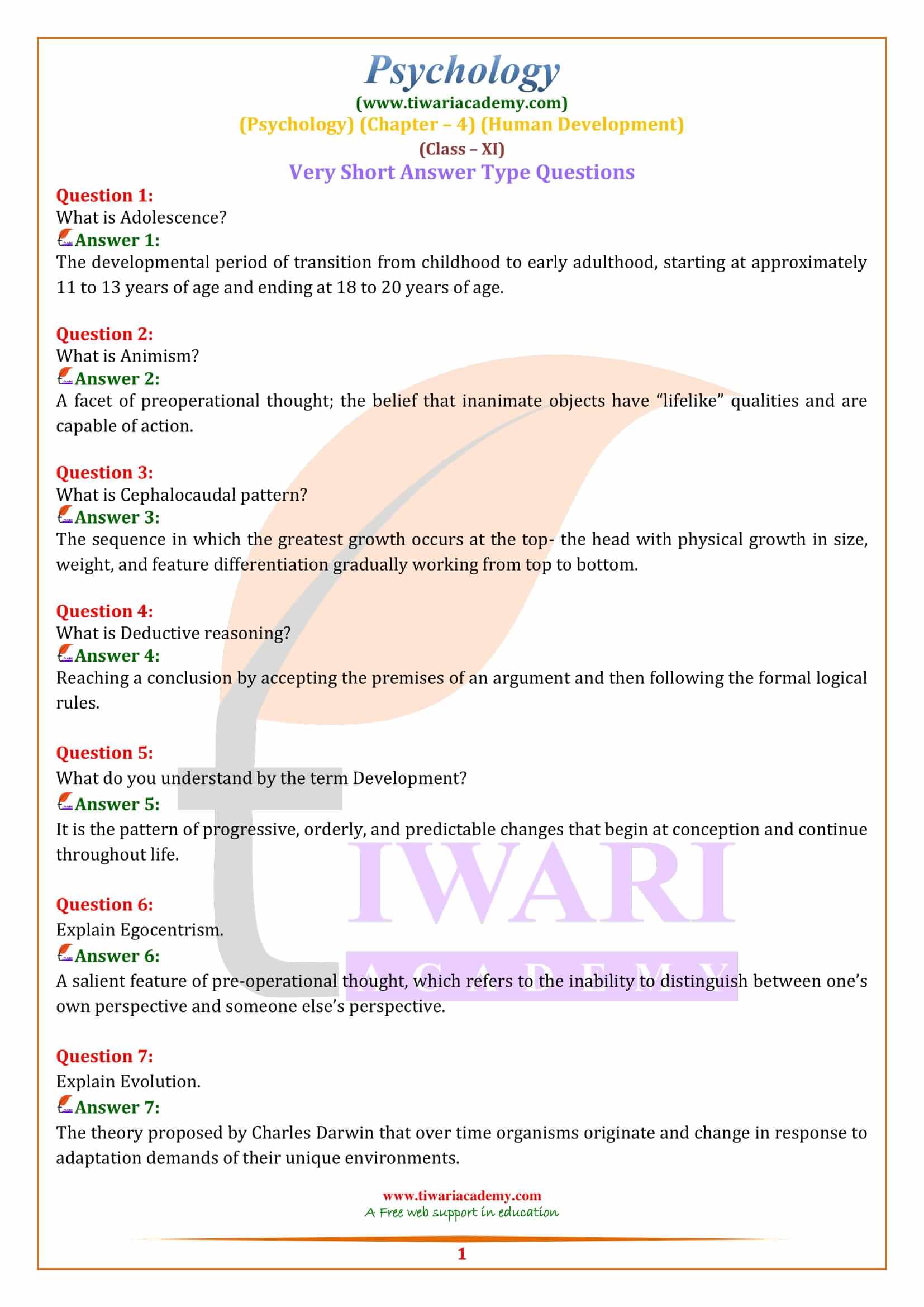 Class 11 Psychology Chapter 4 Important Questions