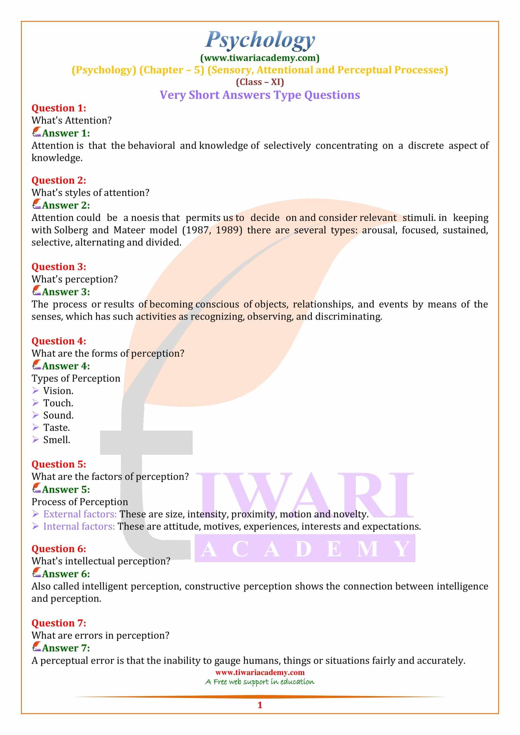 Class 11 Psychology Chapter 5 Very Short Answers Type Questions