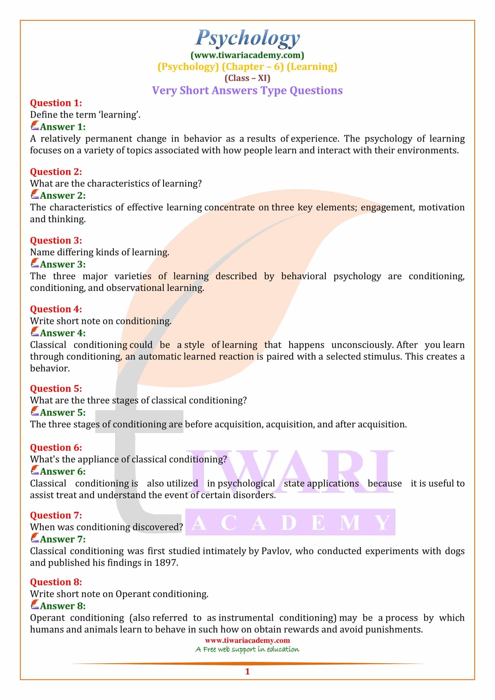 Class 11 Psychology Chapter 6 Extra Questions