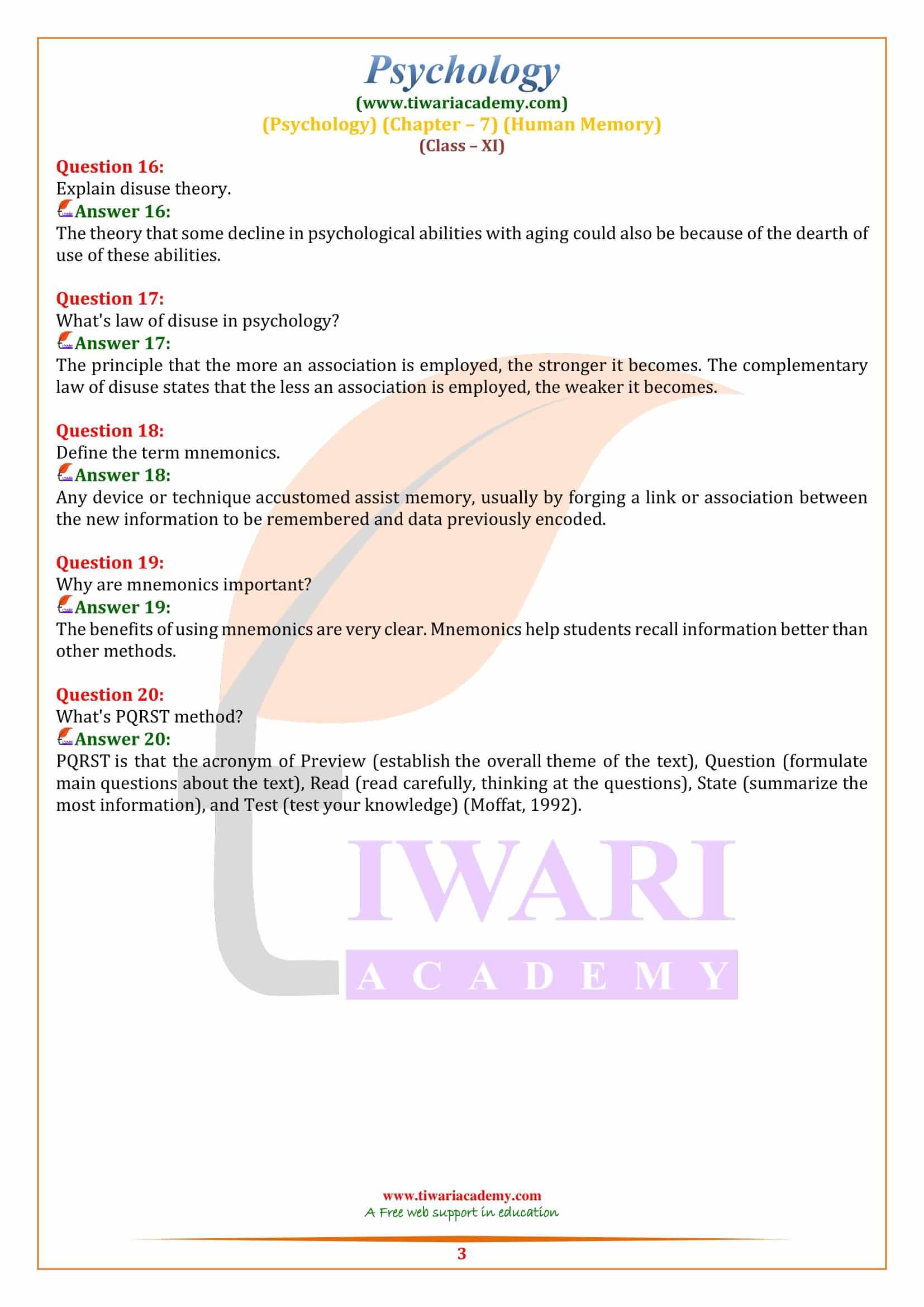 Class 11 Psychology Chapter 7 Practice Questions