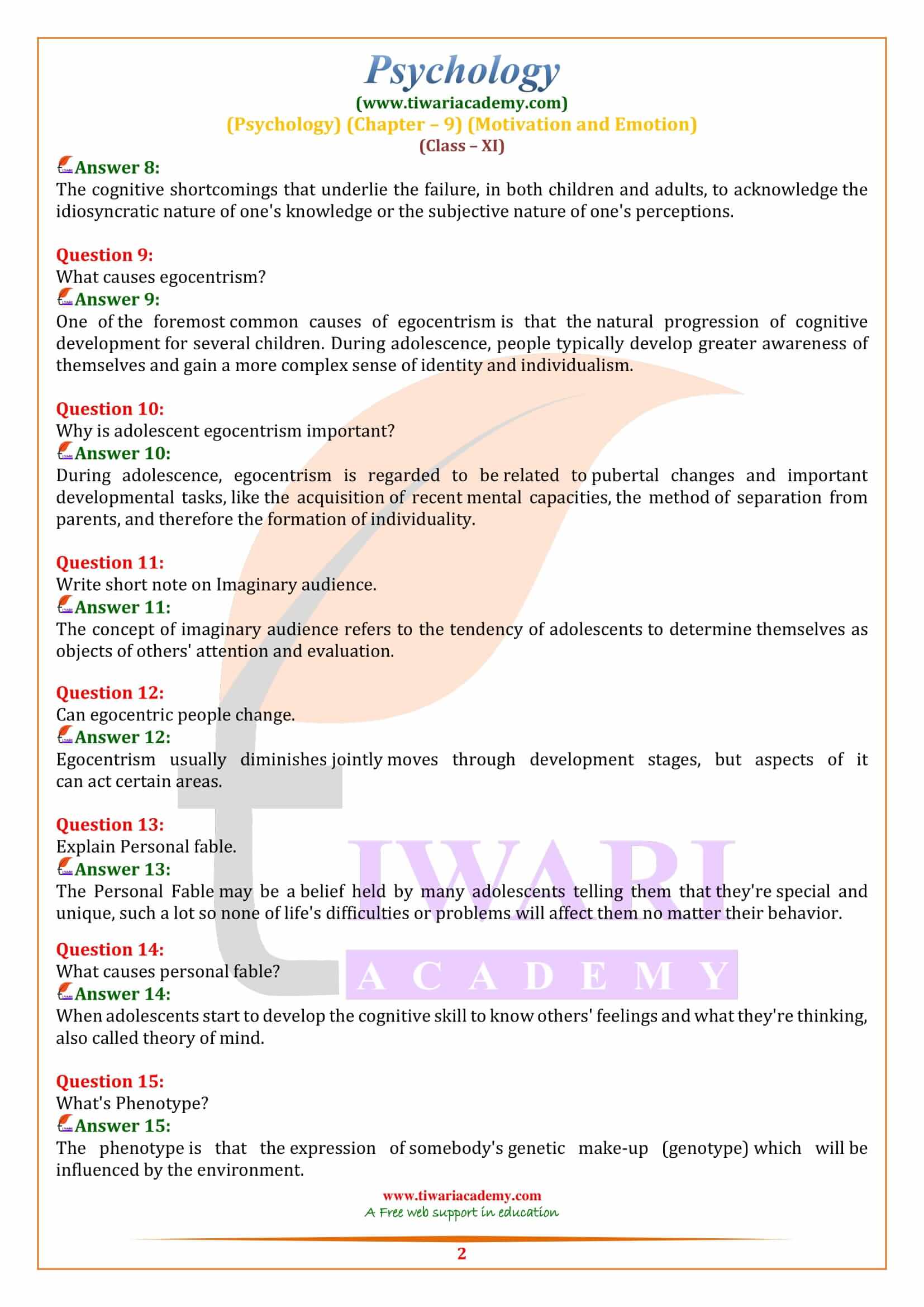 Class 11 Psychology Chapter 9 Very Short Answer Type Questions