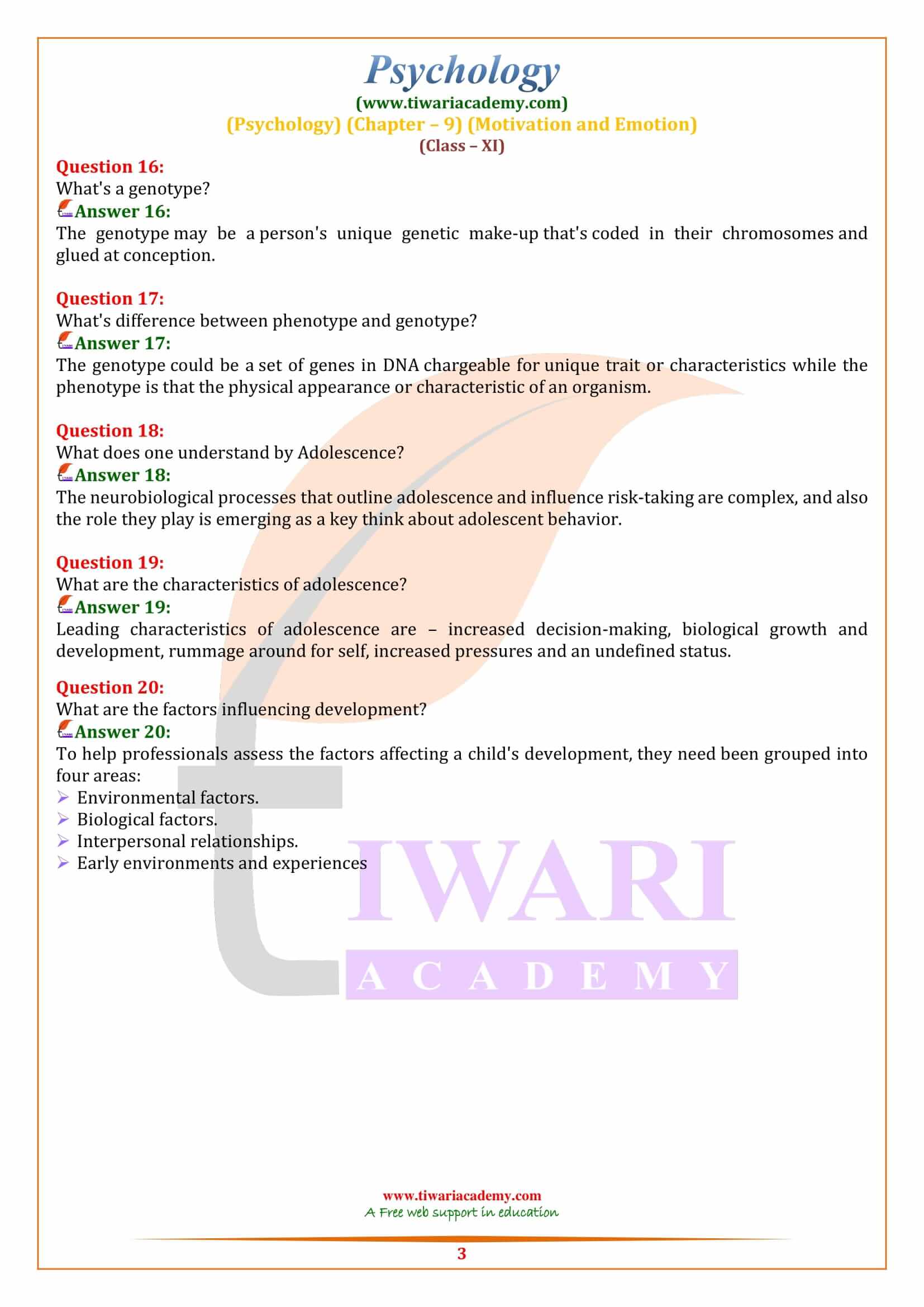 Class 11 Psychology Chapter 9 Practice Questions